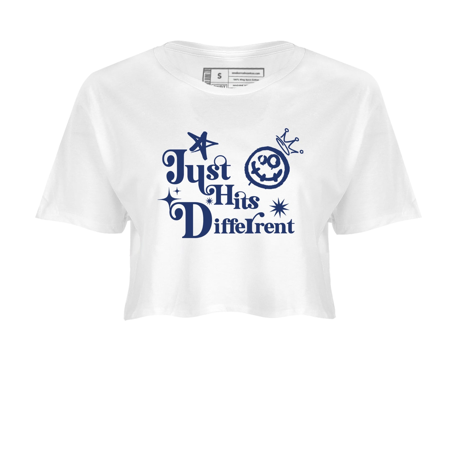 1s Midnight Navy shirts to match jordans Just Hits Different sneaker match tees Air Jordan 1 Midnight Navy match shoes to clothes SNRT Sneaker Tees unisex cotton White 2 crop tee