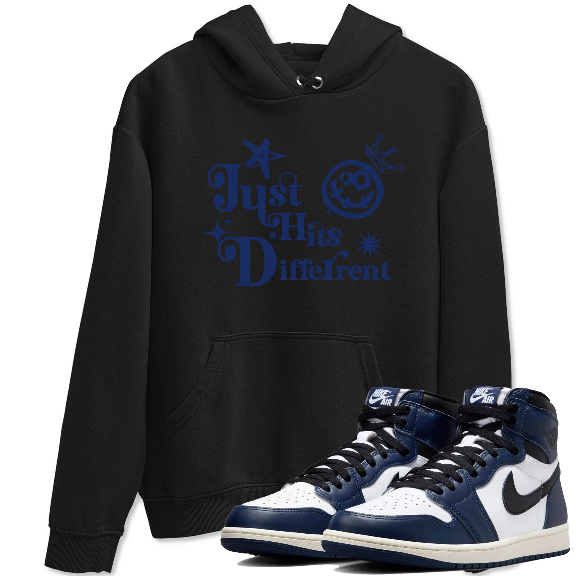 1s Midnight Navy shirts to match jordans Just Hits Different sneaker match tees Air Jordan 1 Midnight Navy match shoes to clothes SNRT Sneaker Tees unisex cotton Black 1 shirts