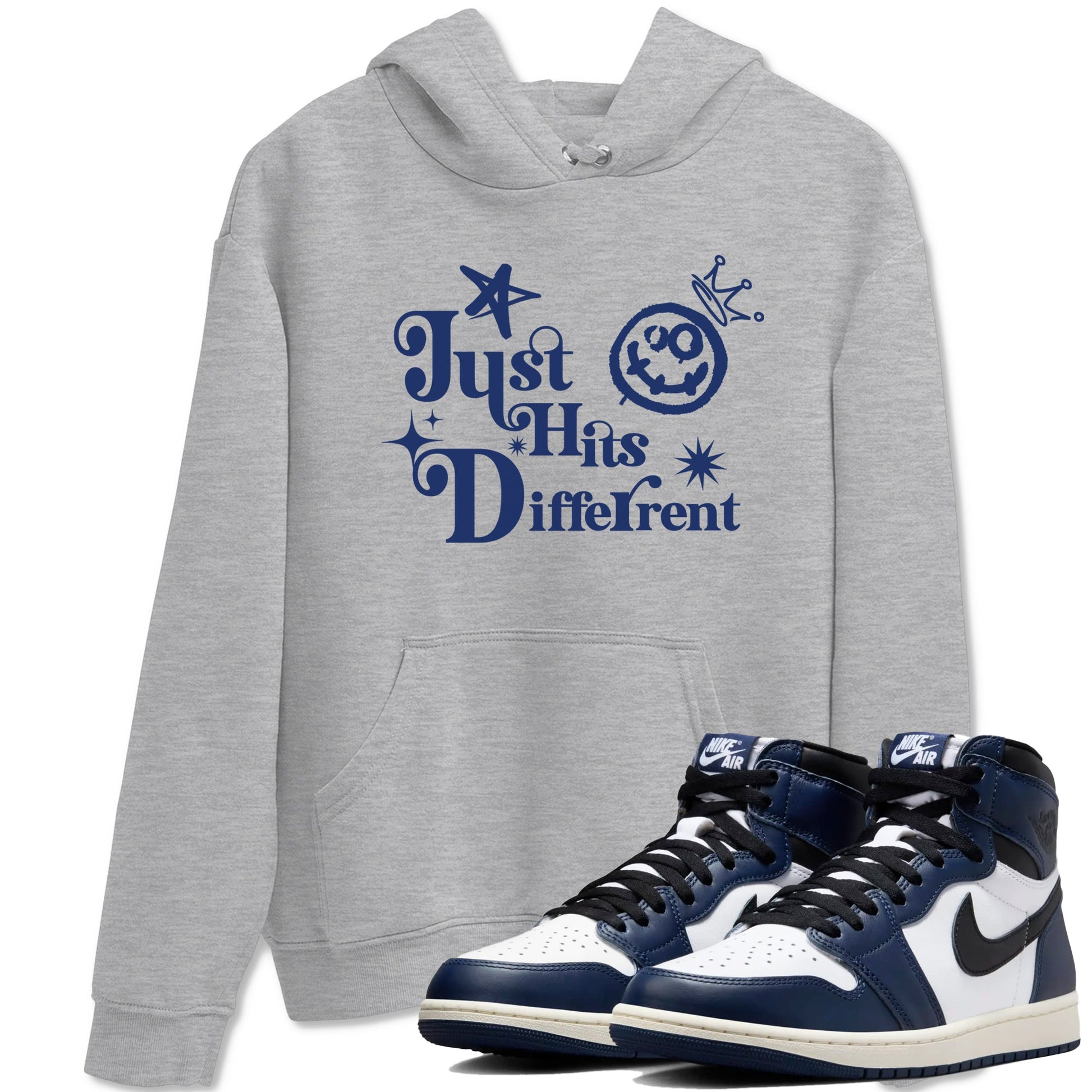 1s Midnight Navy shirts to match jordans Just Hits Different sneaker match tees Air Jordan 1 Midnight Navy match shoes to clothes SNRT Sneaker Tees unisex cotton Heather Grey 1 shirts