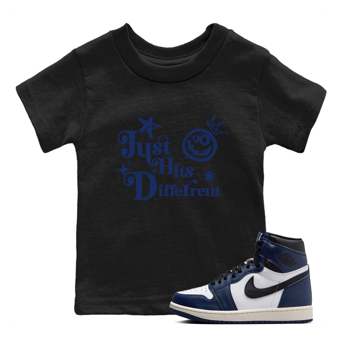 1s Midnight Navy shirts to match jordans Just Hits Different sneaker match tees Air Jordan 1 Midnight Navy match shoes to clothes SNRT Sneaker Tees Youth Baby Black 1 tee