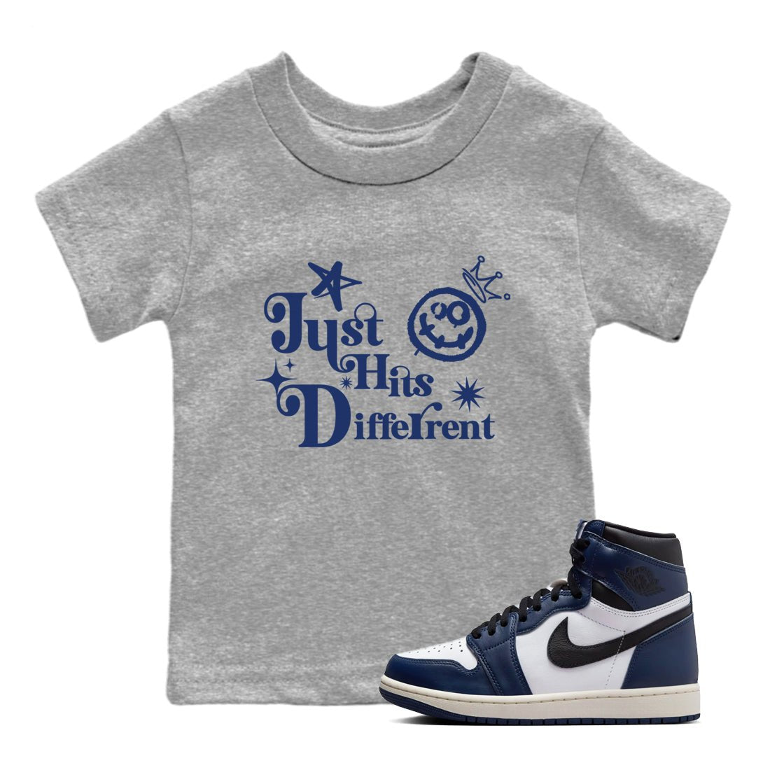 1s Midnight Navy shirts to match jordans Just Hits Different sneaker match tees Air Jordan 1 Midnight Navy match shoes to clothes SNRT Sneaker Tees Youth Baby Heather Grey 1 tee