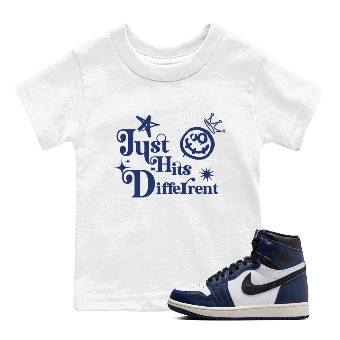 1s Midnight Navy shirts to match jordans Just Hits Different sneaker match tees Air Jordan 1 Midnight Navy match shoes to clothes SNRT Sneaker Tees Youth Baby White 1 tee