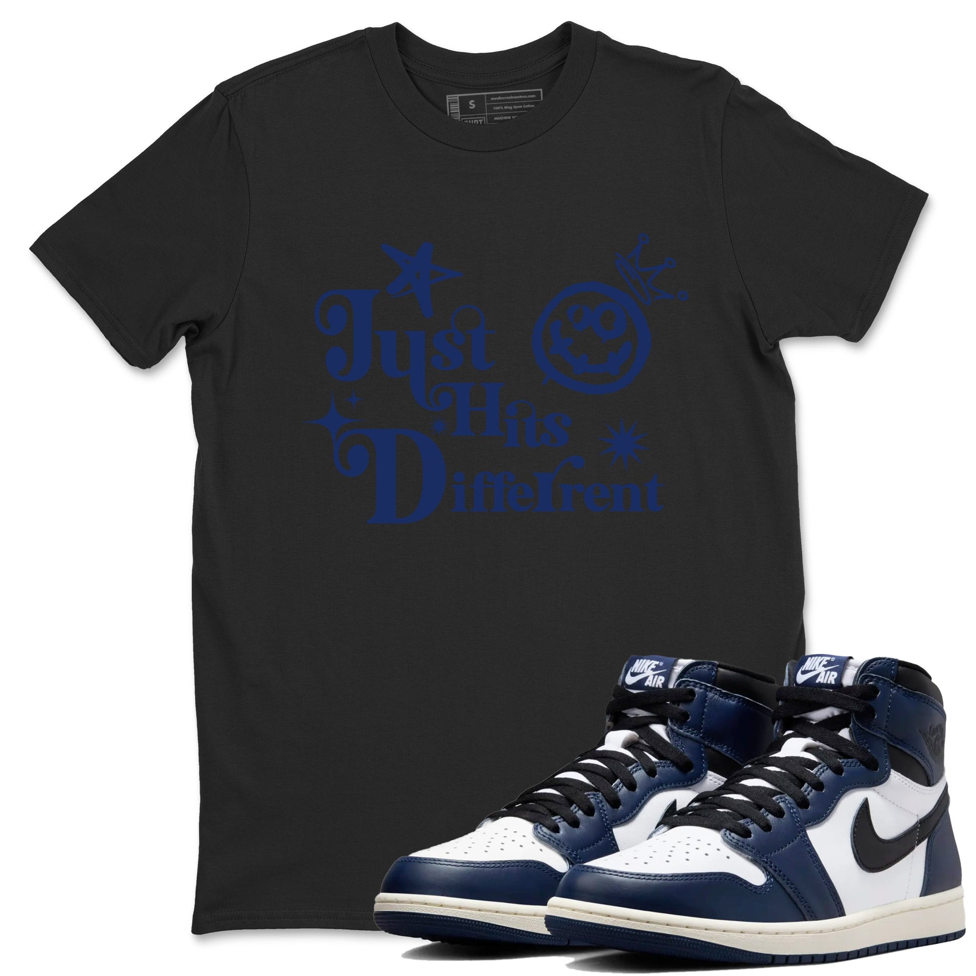 1s Midnight Navy shirts to match jordans Just Hits Different sneaker match tees Air Jordan 1 Midnight Navy match shoes to clothes SNRT Sneaker Tees unisex cotton Black 1 shirts