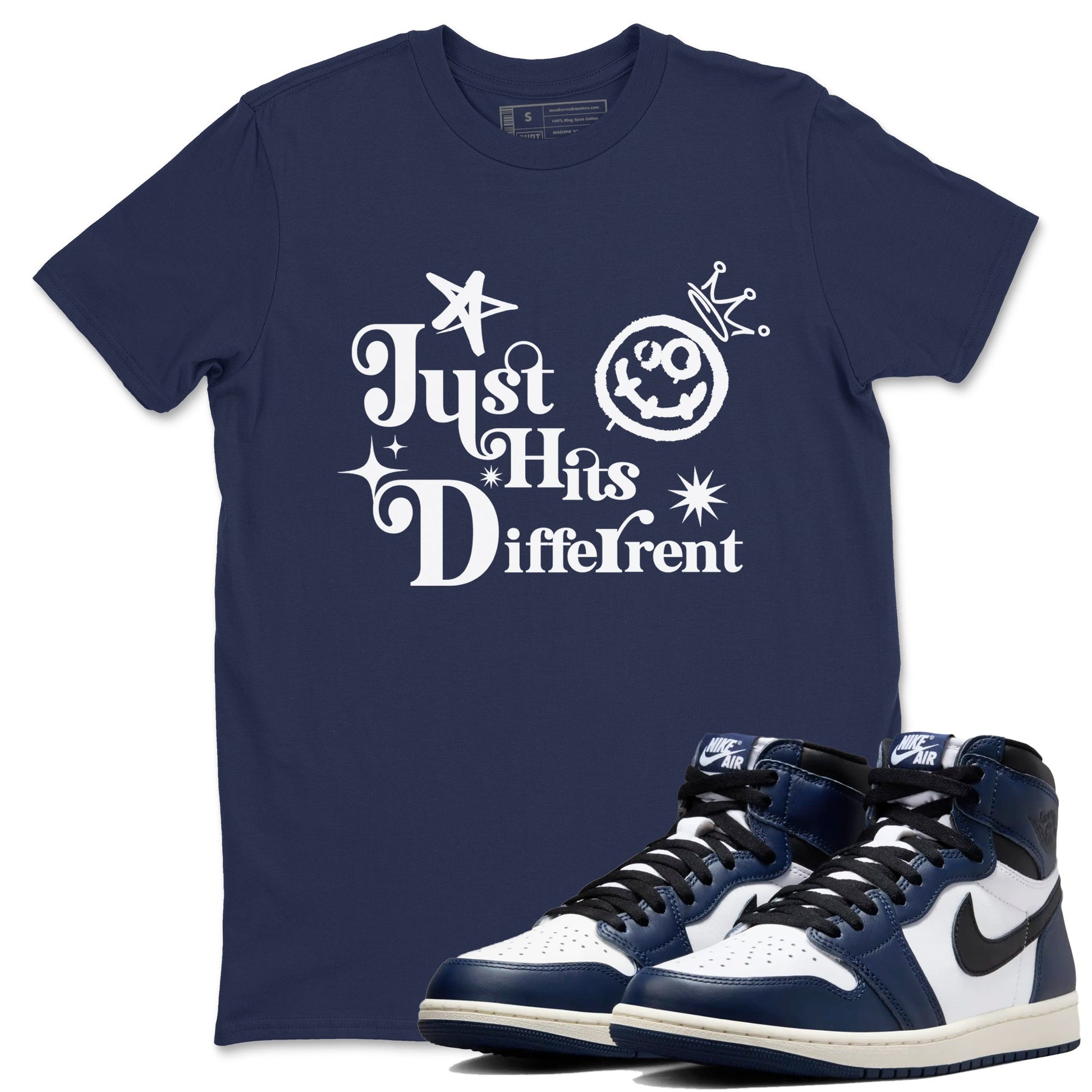 1s Midnight Navy shirts to match jordans Just Hits Different sneaker match tees Air Jordan 1 Midnight Navy match shoes to clothes SNRT Sneaker Tees unisex cotton Navy 1 shirts