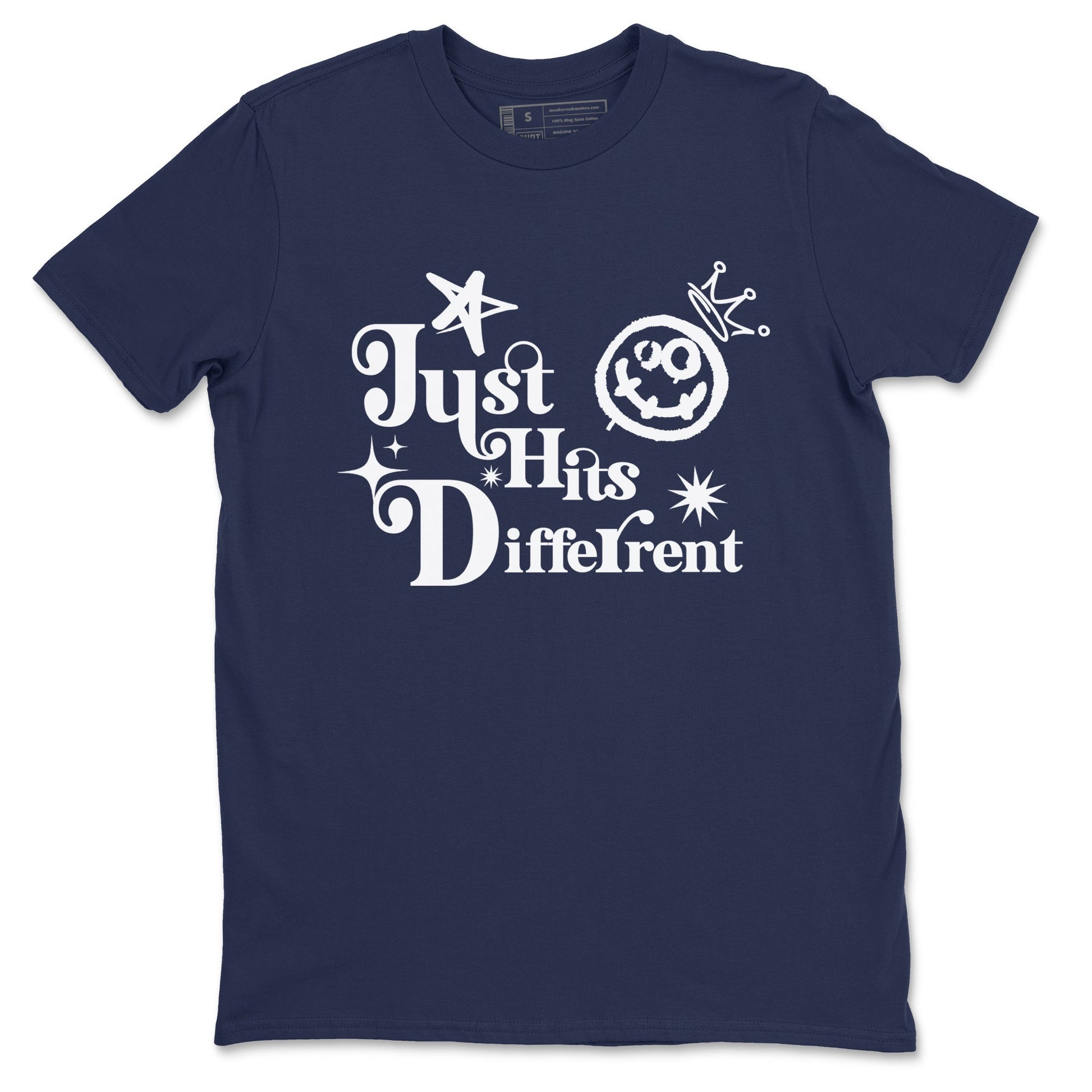 1s Midnight Navy shirts to match jordans Just Hits Different sneaker match tees Air Jordan 1 Midnight Navy match shoes to clothes SNRT Sneaker Tees unisex cotton Navy 2 shirts