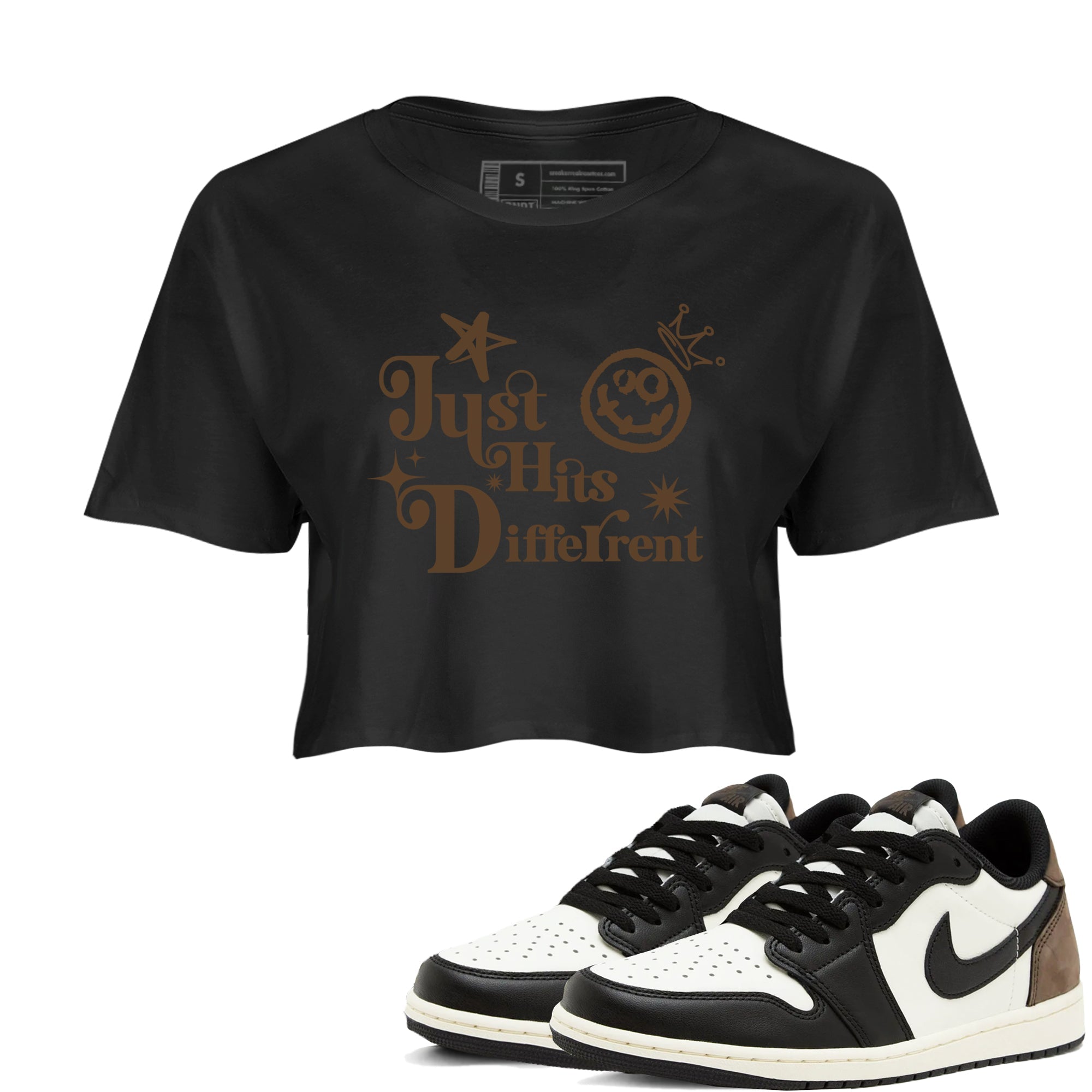 1s Mocha shirts to match jordans Just Hits Different sneaker match tees Air Jordan 1 Mocha match shoes to clothes SNRT Sneaker Tees unisex cotton Black 1 crop tee