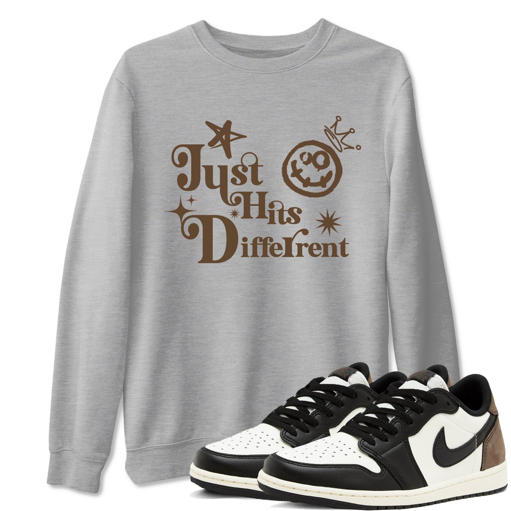 1s Mocha shirts to match jordans Just Hits Different sneaker match tees Air Jordan 1 Mocha match shoes to clothes SNRT Sneaker Tees unisex cotton Heather Grey 1 shirts