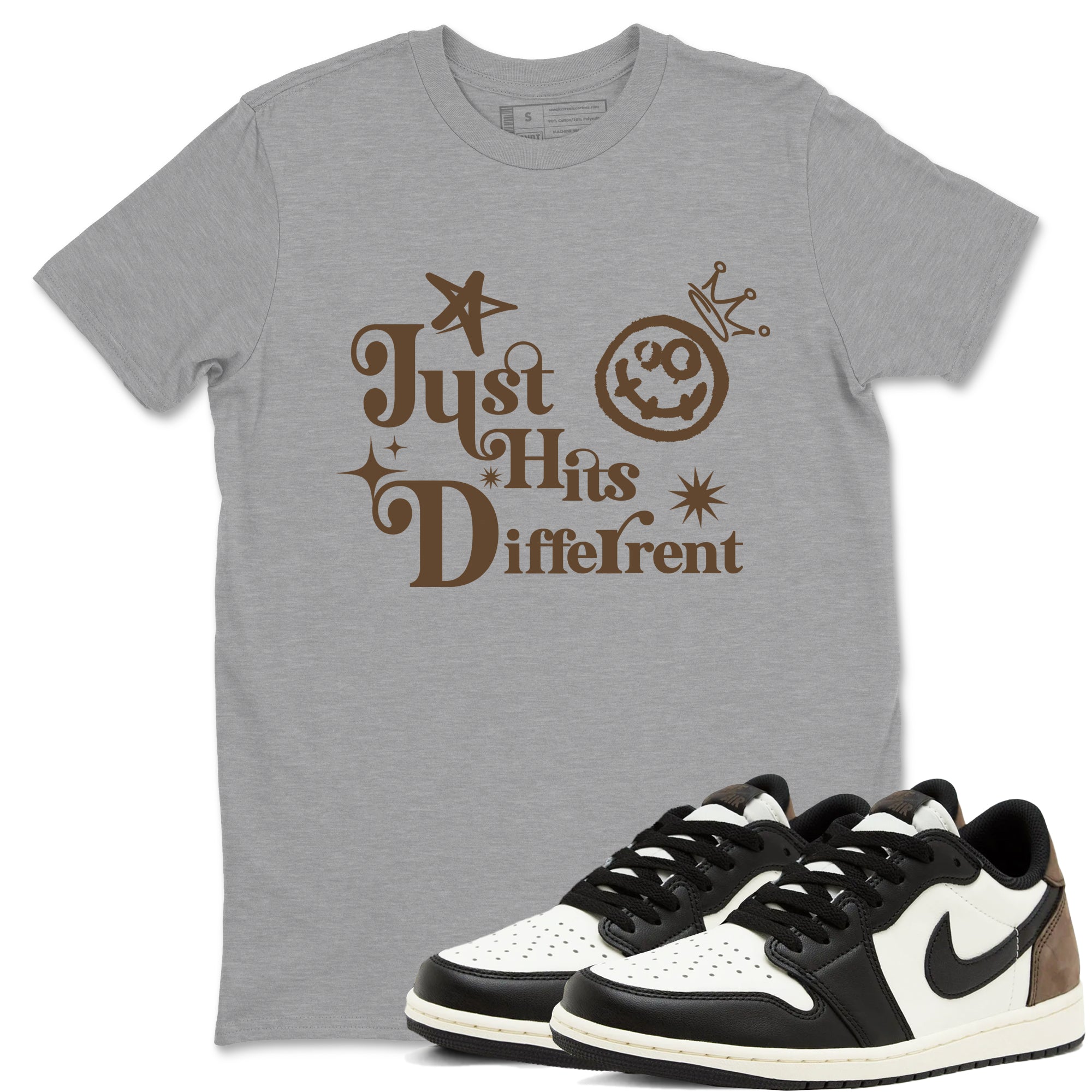 1s Mocha shirts to match jordans Just Hits Different sneaker match tees Air Jordan 1 Mocha match shoes to clothes SNRT Sneaker Tees unisex cotton Heather Grey 1 shirts