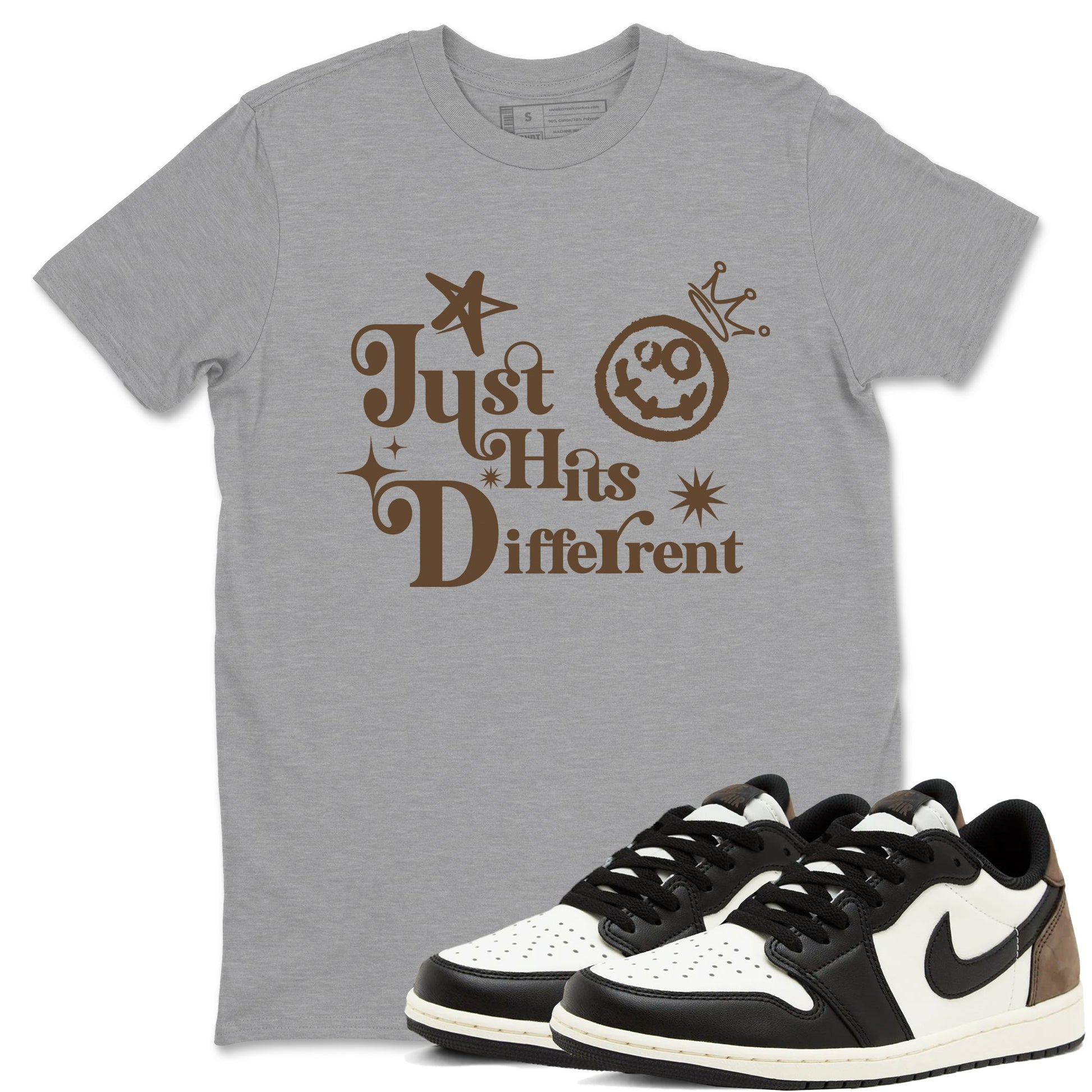 1s Mocha shirts to match jordans Just Hits Different sneaker match tees Air Jordan 1 Mocha match shoes to clothes SNRT Sneaker Tees unisex cotton Heather Grey 1 shirts