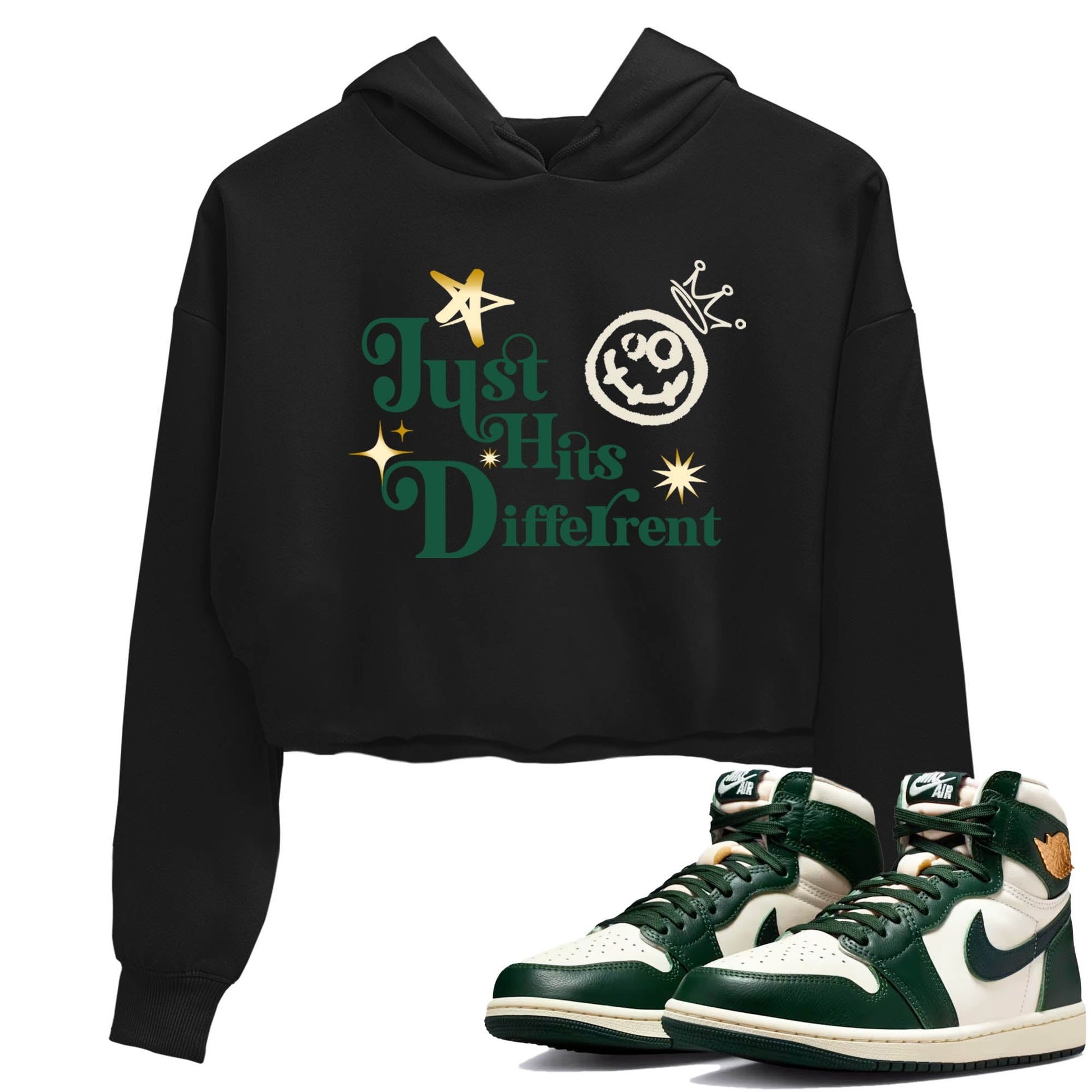 Sneaker Threads – Sneaker Tees To Match Air Jordan 1 Pro Green – Just Hits Different Crop Tee Black 1. Perfect for Jordan releases 2025 colorways.