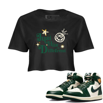 Sneaker Threads – Sneaker Tees To Match Air Jordan 1 Pro Green – Just Hits Different Crop Tee Black 1. Perfect for Jordan releases 2025 colorways.