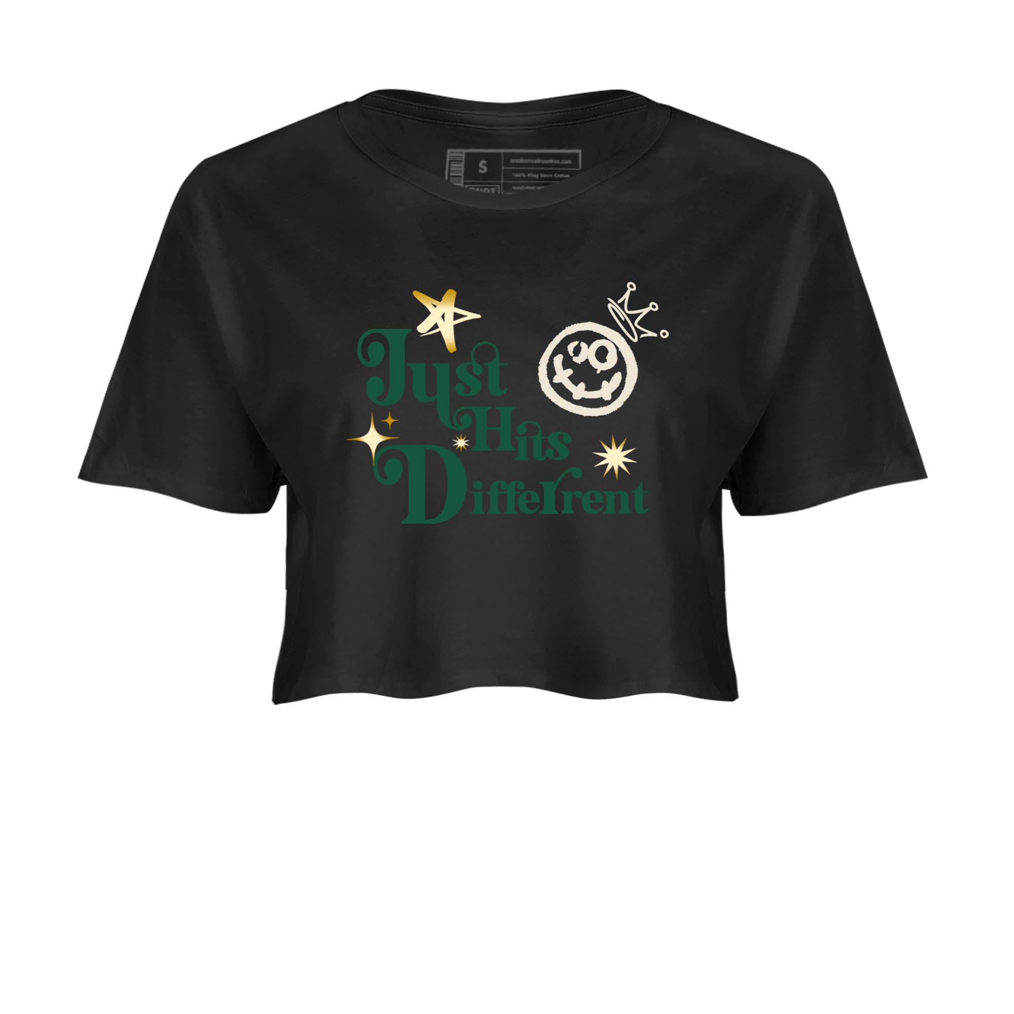Sneaker Threads – Sneaker Tees To Match Air Jordan 1 Pro Green – Just Hits Different Crop Tee Black 2. Perfect for Jordan releases 2025 colorways.