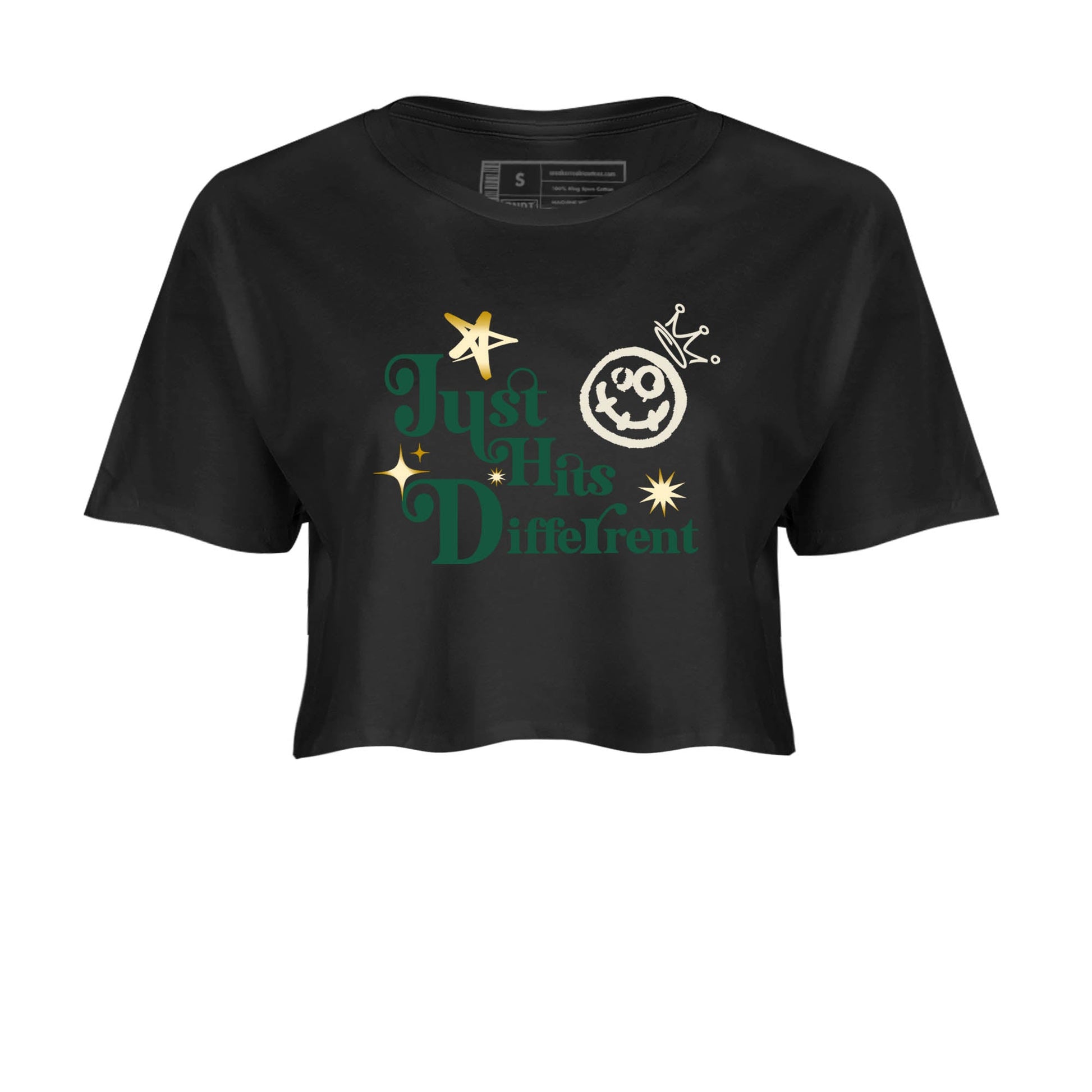 Sneaker Threads – Sneaker Tees To Match Air Jordan 1 Pro Green – Just Hits Different Crop Tee Black 2. Perfect for Jordan releases 2025 colorways.