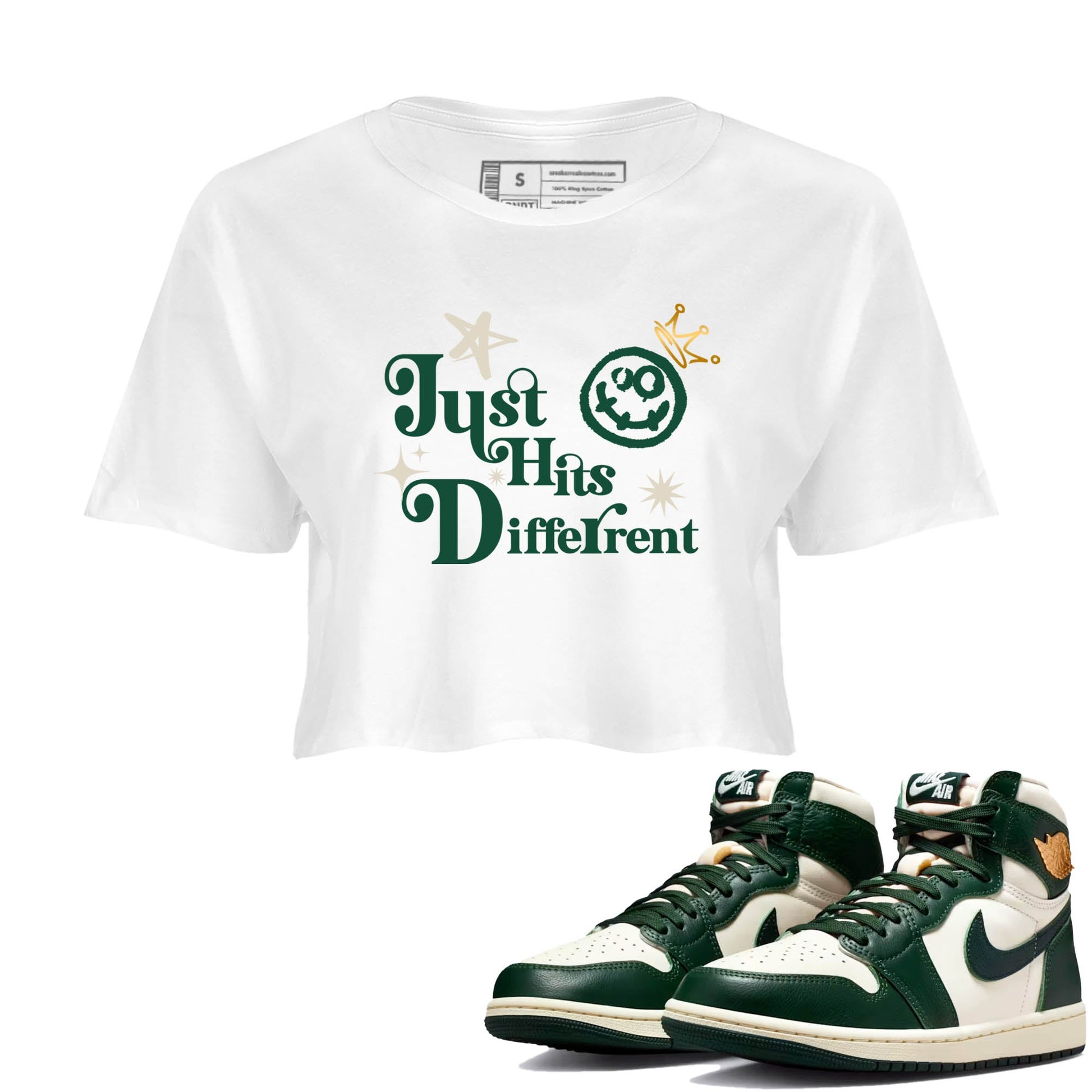 Sneaker Threads – Sneaker Tees To Match Air Jordan 1 Pro Green – Just Hits Different Crop Tee White 1. Perfect for Jordan releases 2025 colorways.