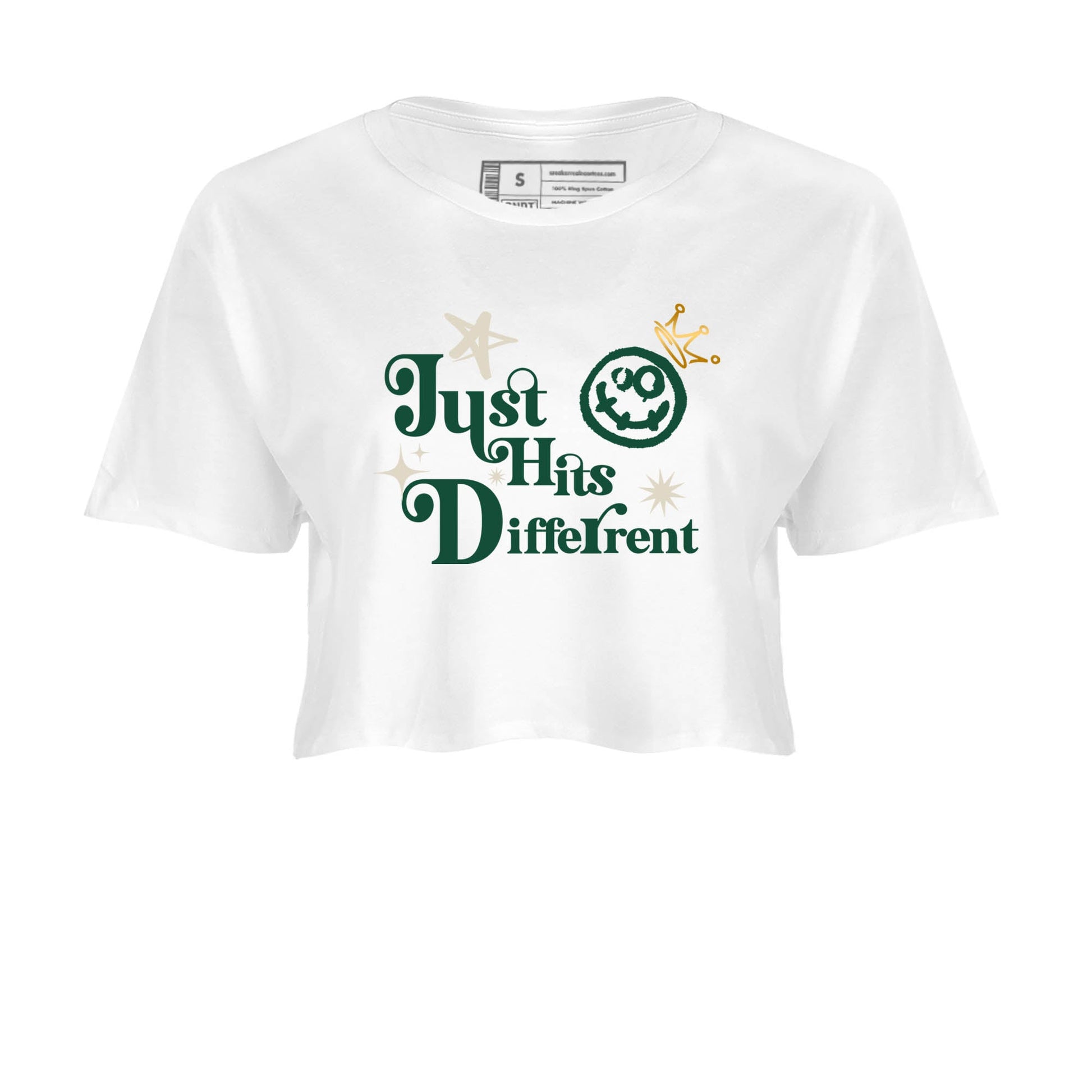 Sneaker Threads – Sneaker Tees To Match Air Jordan 1 Pro Green – Just Hits Different Crop Tee White 2. Perfect for Jordan releases 2025 colorways.