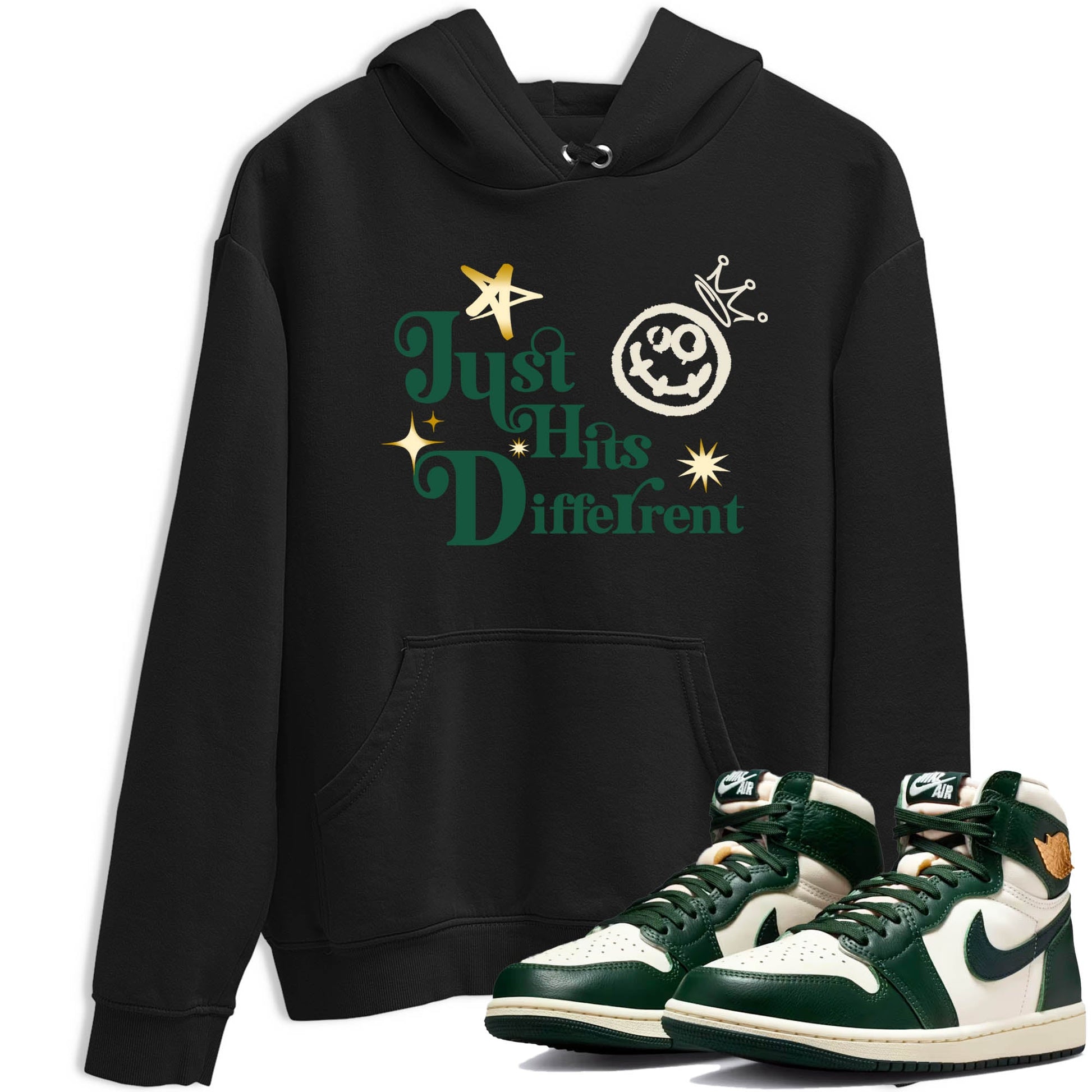 Sneaker Threads – Sneaker Tees To Match Air Jordan 1 Pro Green – Just Hits Different Graphic Tee Black 1. Perfect for Jordan releases 2025 colorways.