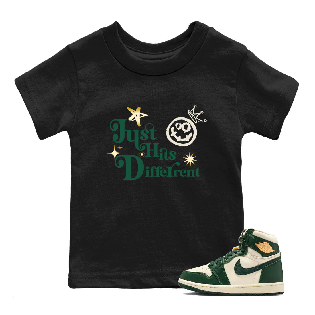 Sneaker Threads – Sneaker Tees To Match Air Jordan 1 Pro Green – Just Hits Different Youth Graphic Tee Black 1. Perfect for Jordan releases 2025 colorways.