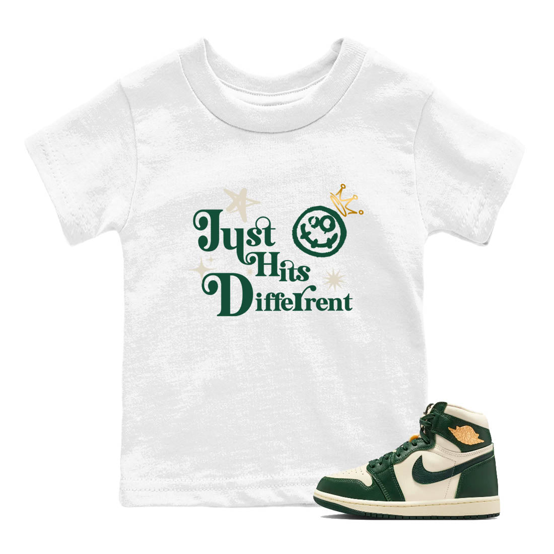 Sneaker Threads – Sneaker Tees To Match Air Jordan 1 Pro Green – Just Hits Different Youth Graphic Tee White 1. Perfect for Jordan releases 2025 colorways.