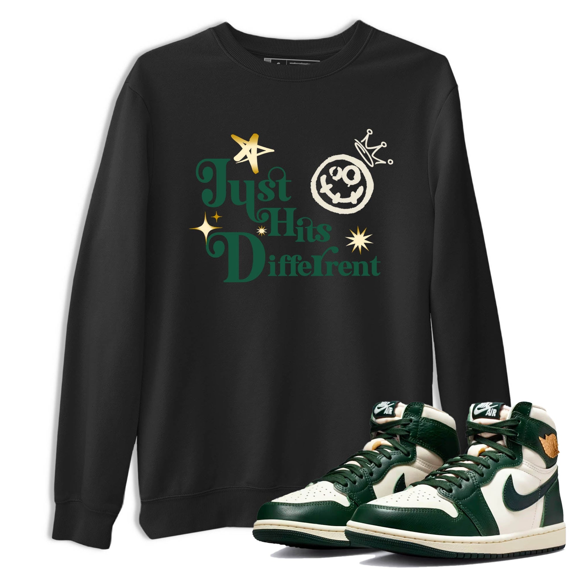 Sneaker Threads – Sneaker Tees To Match Air Jordan 1 Pro Green – Just Hits Different Graphic Tee Black 1. Perfect for Jordan releases 2025 colorways.