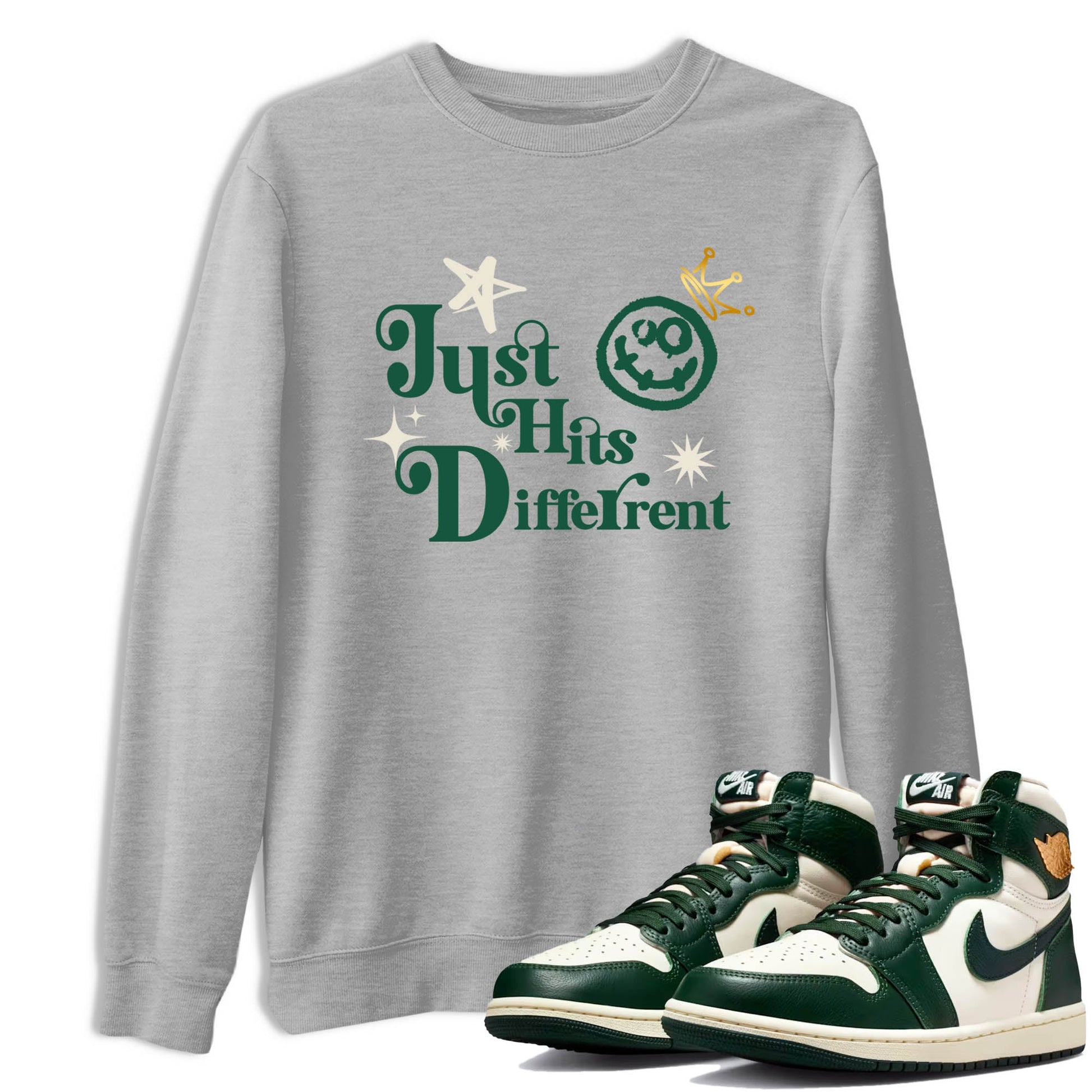 Sneaker Threads – Sneaker Tees To Match Air Jordan 1 Pro Green – Just Hits Different Graphic Tee Heather Grey 1. Perfect for Jordan releases 2025 colorways.