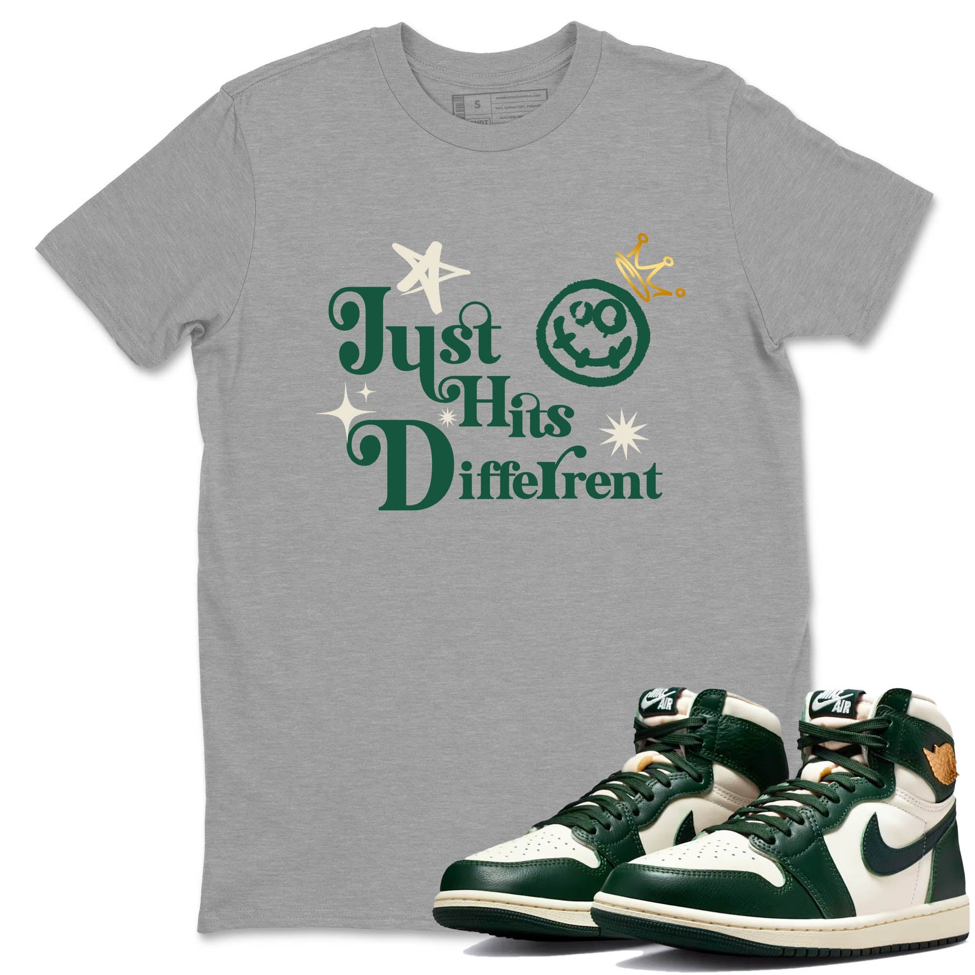 Sneaker Threads – Sneaker Tees To Match Air Jordan 1 Pro Green – Just Hits Different Graphic Tee Heather Grey 1. Perfect for Jordan releases 2025 colorways.