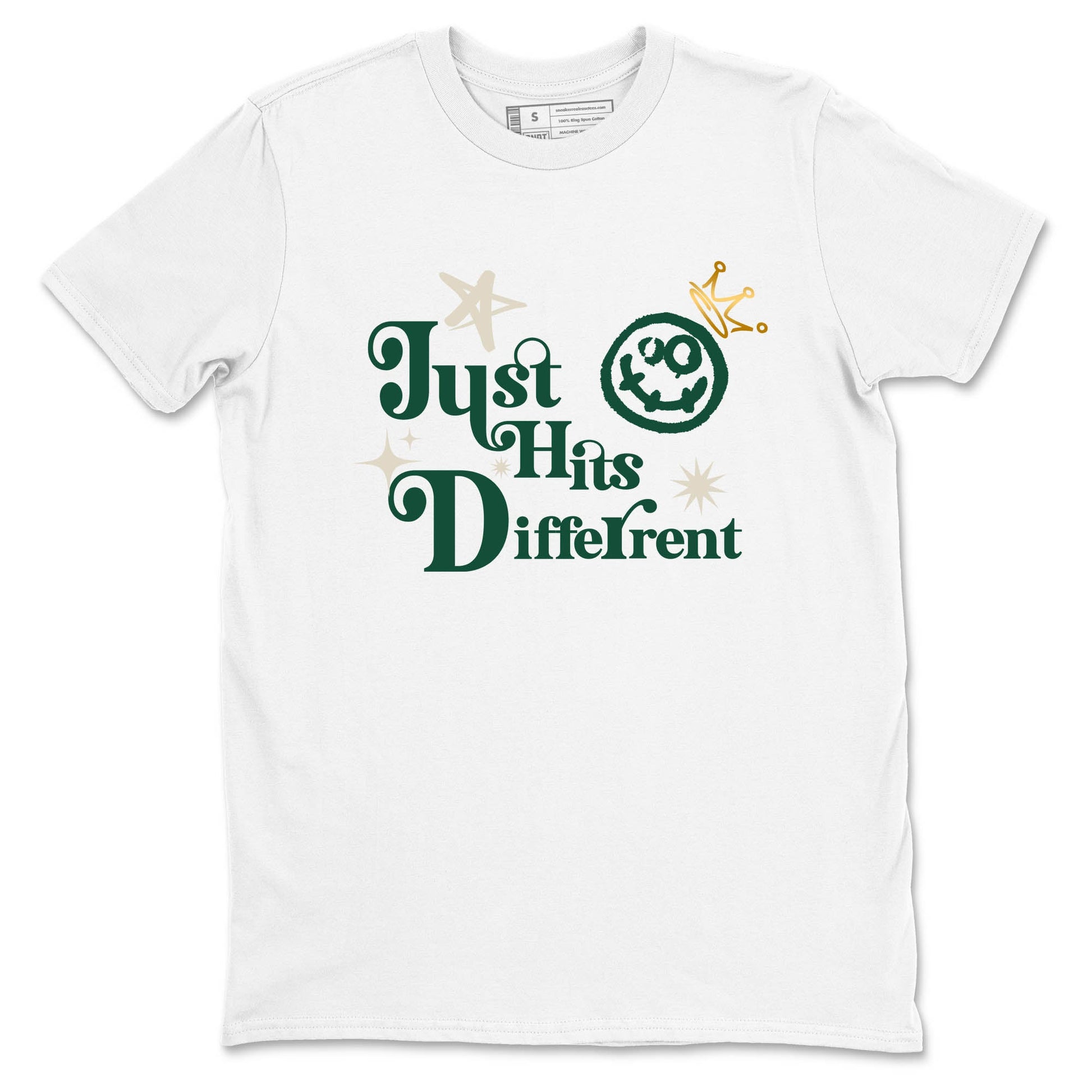Sneaker Threads – Sneaker Tees To Match Air Jordan 1 Pro Green – Just Hits Different Graphic Tee White 2. Perfect for Jordan releases 2025 colorways.