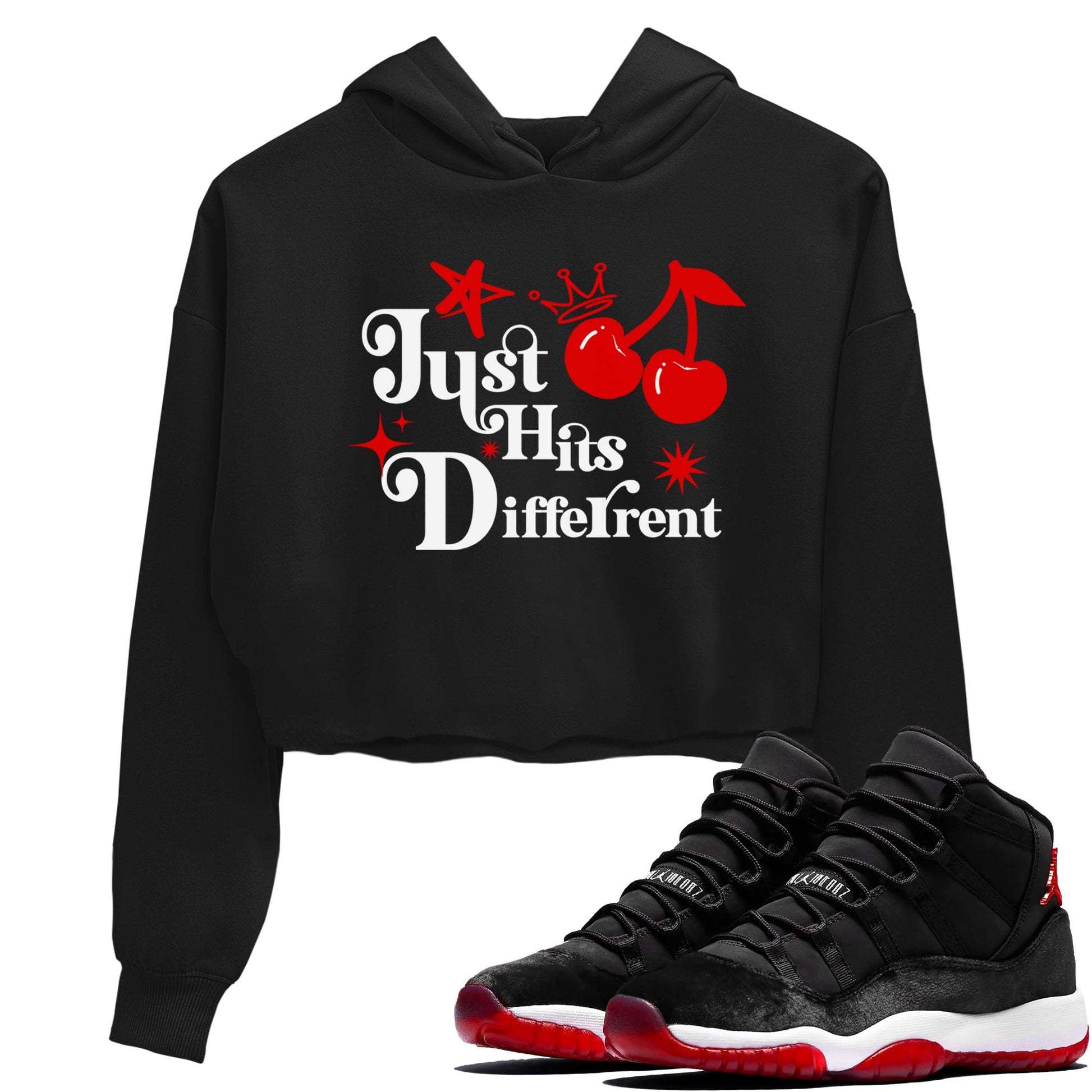 11s Bred Velvet shirts to match jordans Just Hits Different sneaker match tees Air Jordan 11 Retro Bred Velvet match shoes to clothes SNRT Sneaker Tees unisex cotton Black 1 crop tee