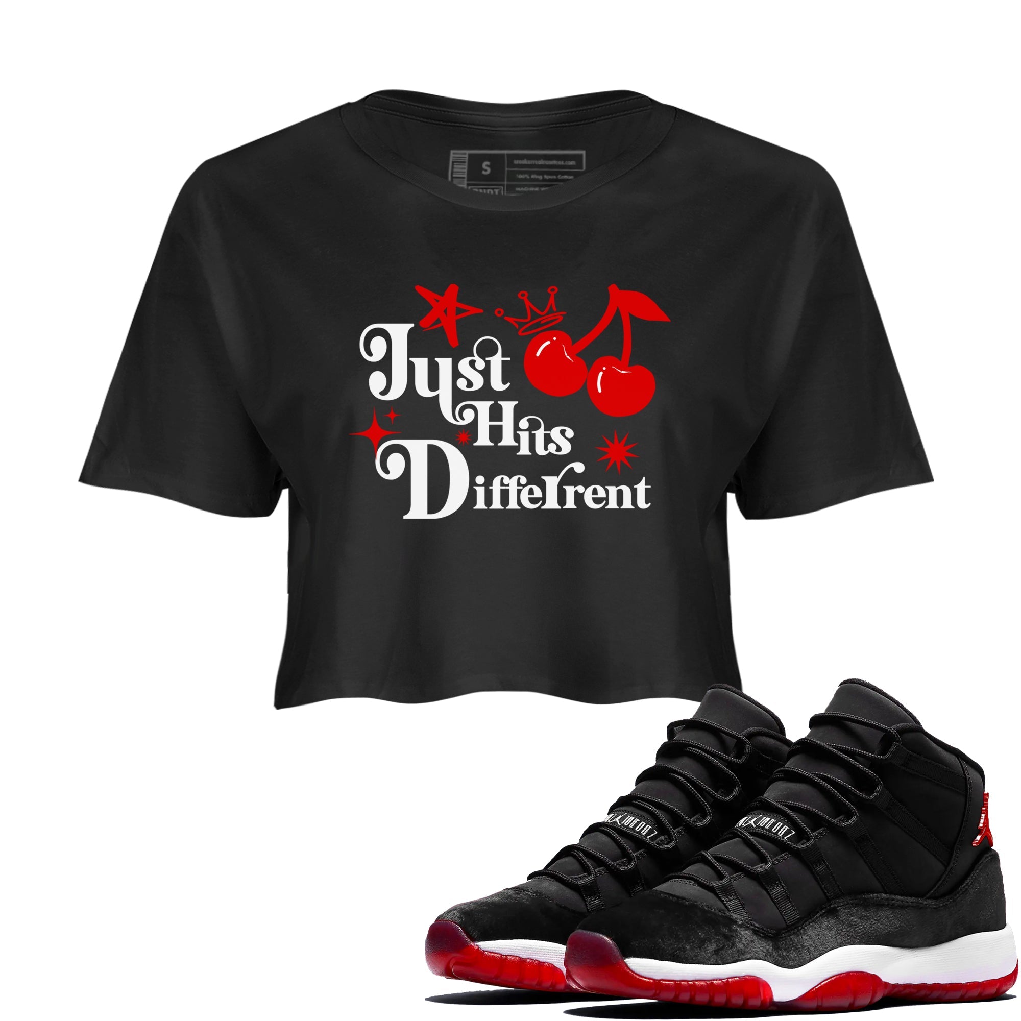 11s Bred Velvet shirts to match jordans Just Hits Different sneaker match tees Air Jordan 11 Retro Bred Velvet match shoes to clothes SNRT Sneaker Tees unisex cotton Black 1 crop tee