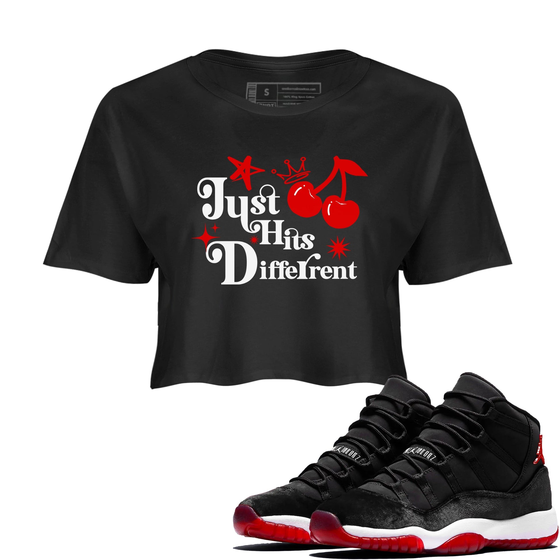 11s Bred Velvet shirts to match jordans Just Hits Different sneaker match tees Air Jordan 11 Retro Bred Velvet match shoes to clothes SNRT Sneaker Tees unisex cotton Black 1 crop tee