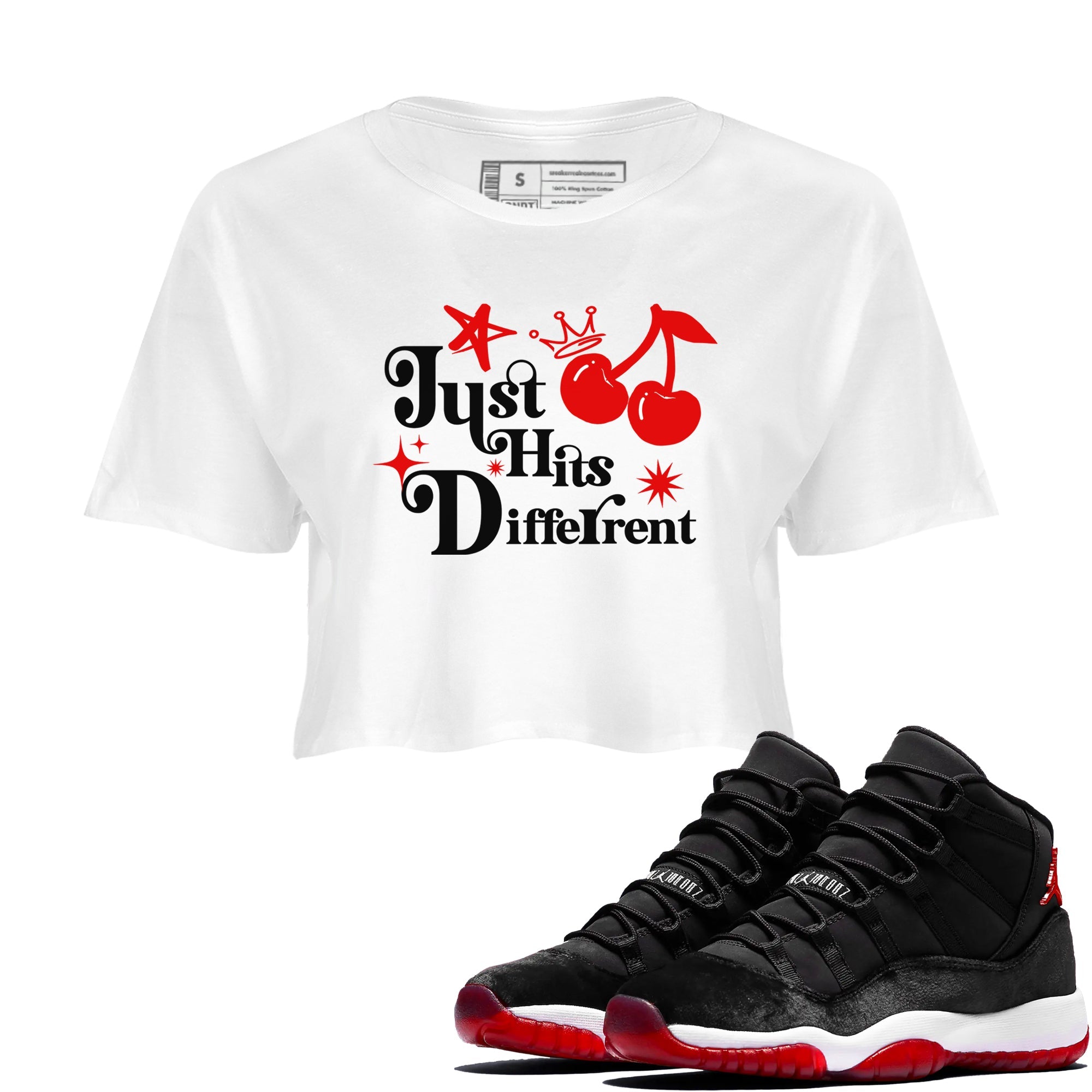 11s Bred Velvet shirts to match jordans Just Hits Different sneaker match tees Air Jordan 11 Retro Bred Velvet match shoes to clothes SNRT Sneaker Tees unisex cotton White 1 crop tee