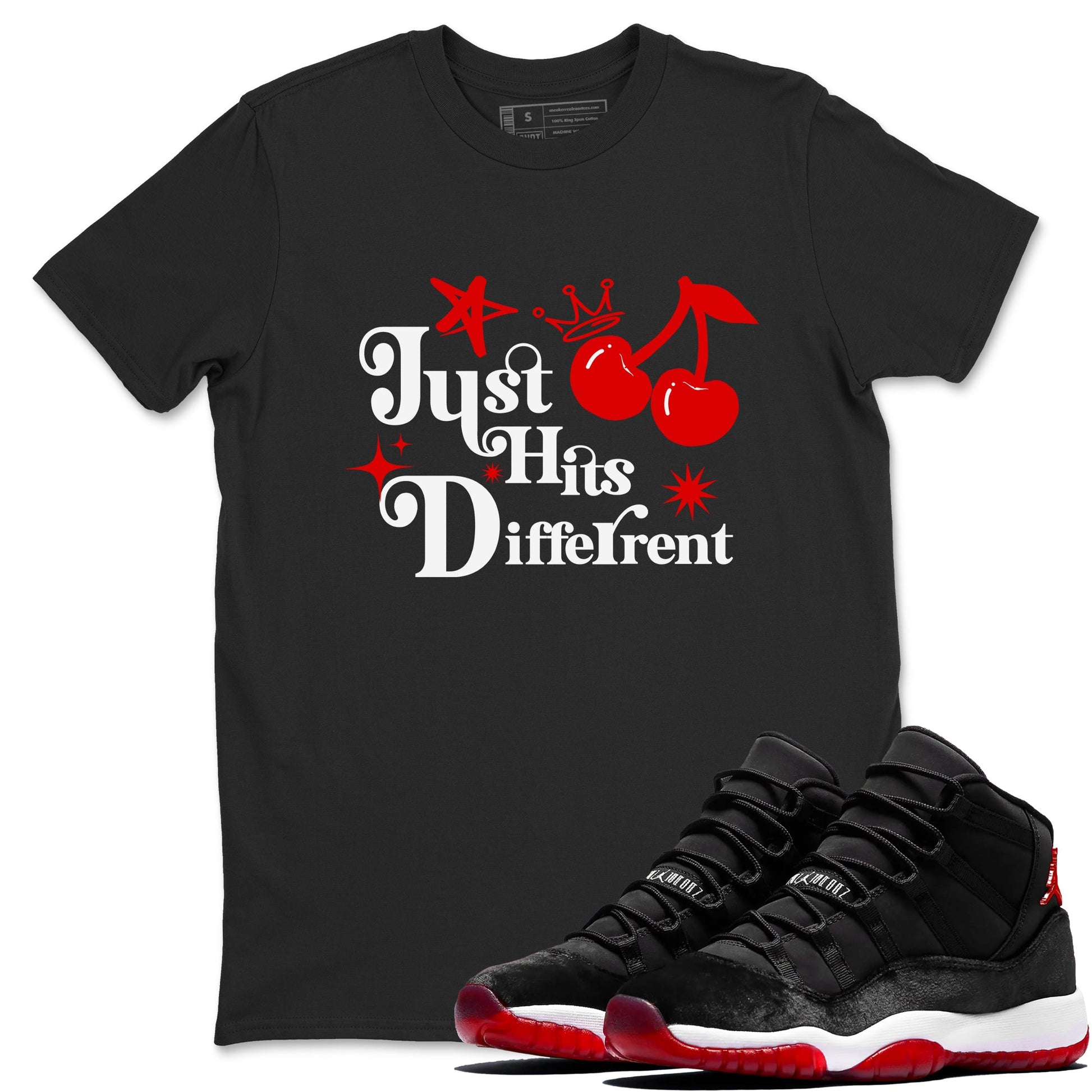 11s Bred Velvet shirts to match jordans Just Hits Different sneaker match tees Air Jordan 11 Retro Bred Velvet match shoes to clothes SNRT Sneaker Tees unisex cotton Black 1 shirts