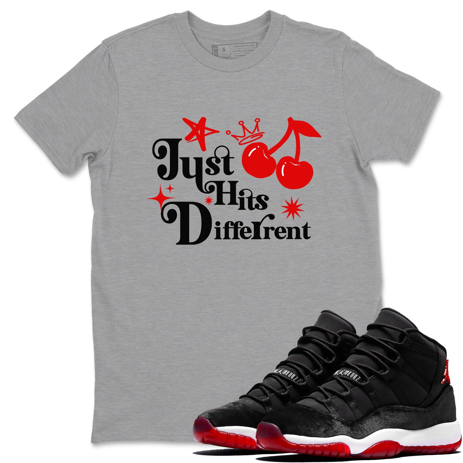 11s Bred Velvet shirts to match jordans Just Hits Different sneaker match tees Air Jordan 11 Retro Bred Velvet match shoes to clothes SNRT Sneaker Tees unisex cotton Heather Grey 1 shirts