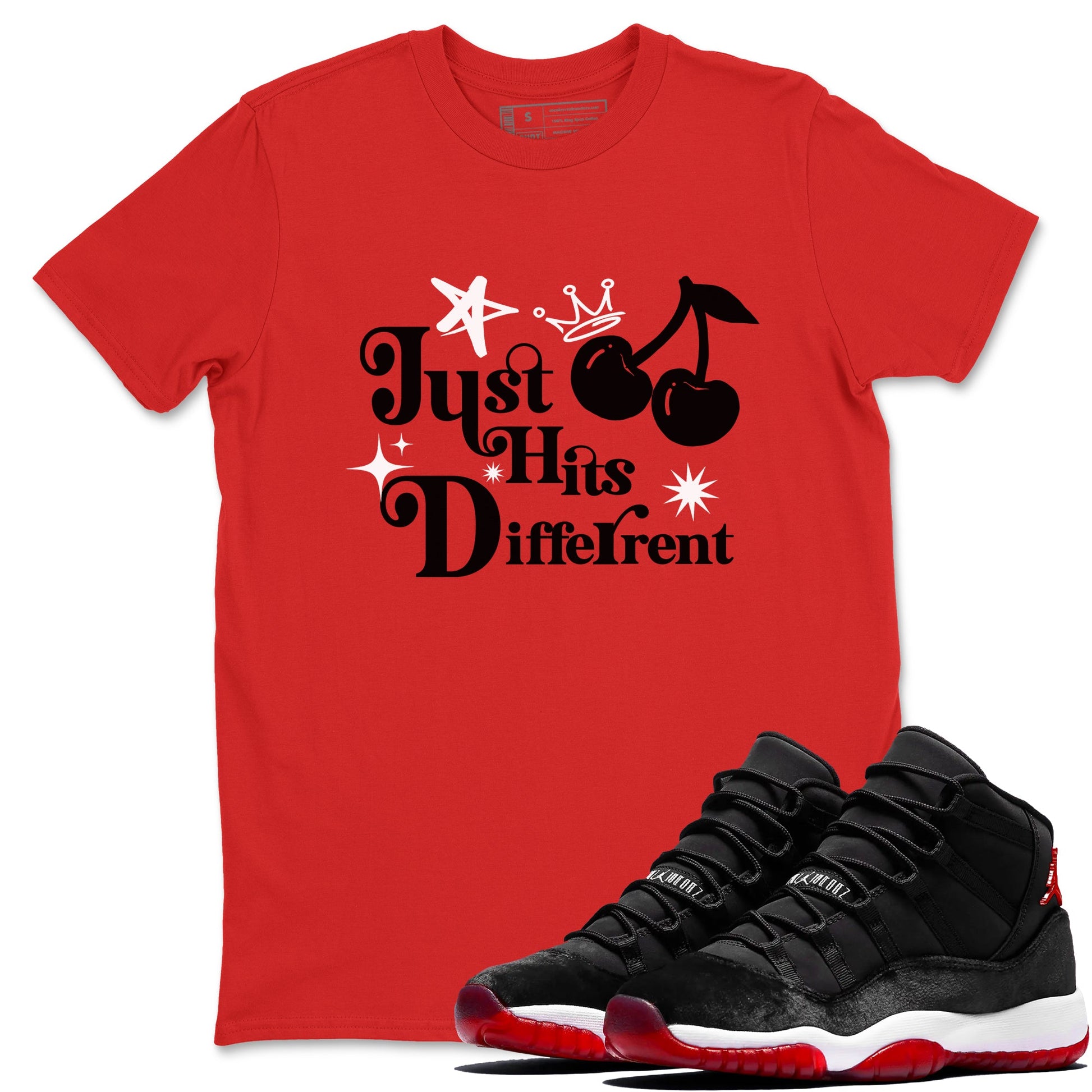 11s Bred Velvet shirts to match jordans Just Hits Different sneaker match tees Air Jordan 11 Retro Bred Velvet match shoes to clothes SNRT Sneaker Tees unisex cotton Red 1 shirts