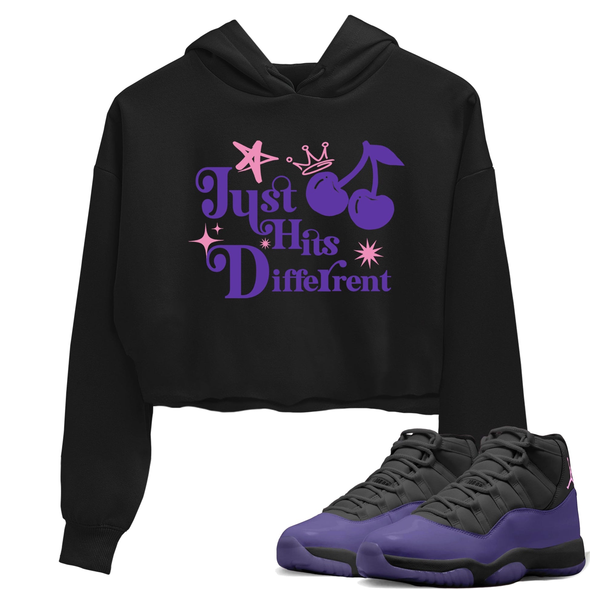 Sneaker match tees – Sneaker Tees To Match Air Jordan 11 Canyon Purple Shoes – Just Hits Different Crop T-Shirt Black 1
