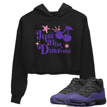 Sneaker match tees – Sneaker Tees To Match Air Jordan 11 Canyon Purple Shoes – Just Hits Different Crop T-Shirt Black 1