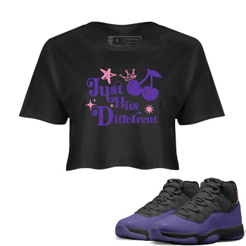 Sneaker match tees – Sneaker Tees To Match Air Jordan 11 Canyon Purple Shoes – Just Hits Different Crop T-Shirt Black 1
