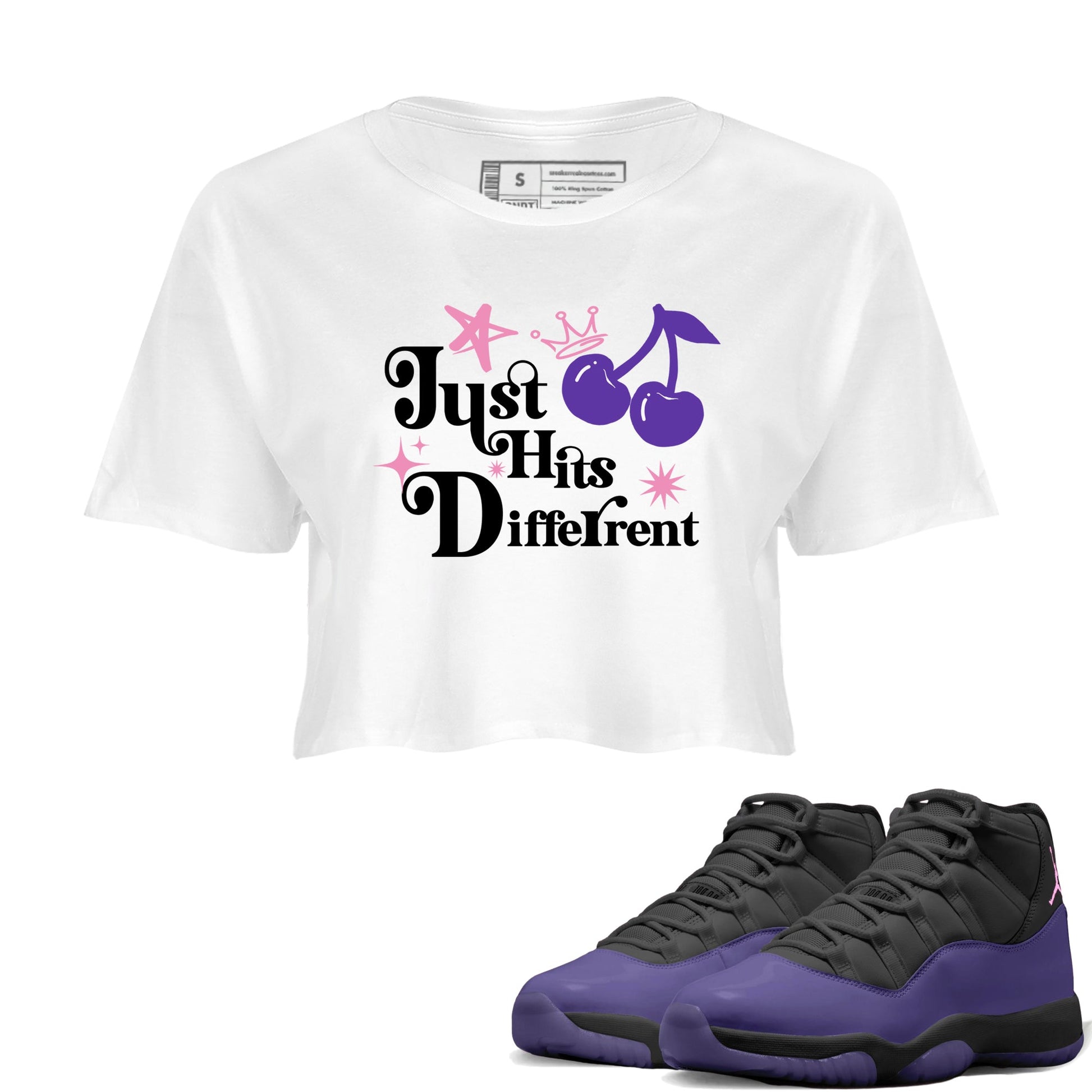 Sneaker match tees – Sneaker Tees To Match Air Jordan 11 Canyon Purple Shoes – Just Hits Different Crop T-Shirt White 1