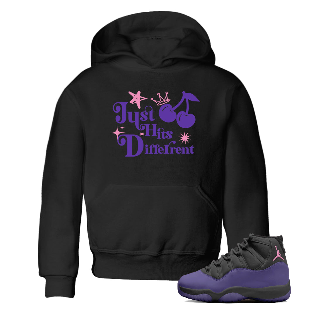 Sneaker match tees – Sneaker Tees To Match Air Jordan 11 Canyon Purple Shoes – Just Hits Different Kids T-Shirt Black 1