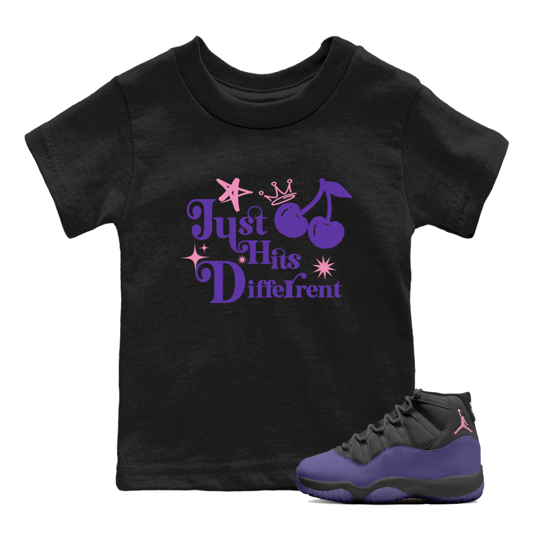 Sneaker match tees – Sneaker Tees To Match Air Jordan 11 Canyon Purple Shoes – Just Hits Different Kids T-Shirt Black 1