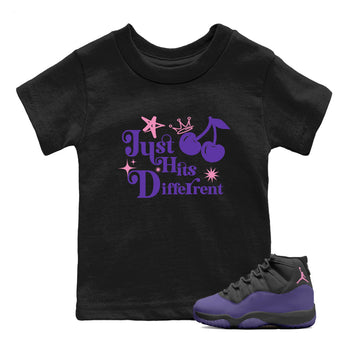 Sneaker match tees – Sneaker Tees To Match Air Jordan 11 Canyon Purple Shoes – Just Hits Different Kids T-Shirt Black 1