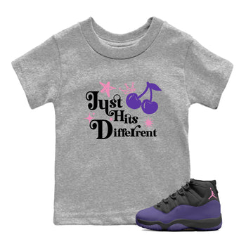 Sneaker match tees – Sneaker Tees To Match Air Jordan 11 Canyon Purple Shoes – Just Hits Different Kids T-Shirt Heather Grey 1