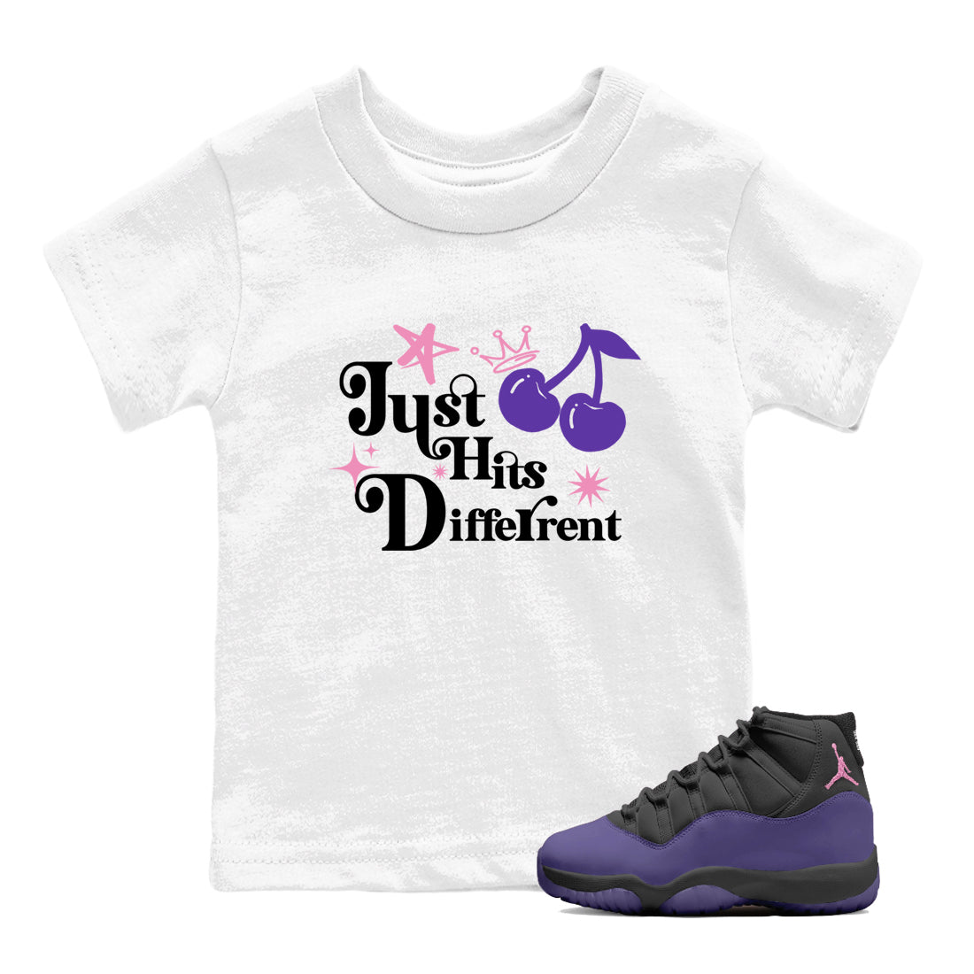 Sneaker match tees – Sneaker Tees To Match Air Jordan 11 Canyon Purple Shoes – Just Hits Different Kids T-Shirt White 1