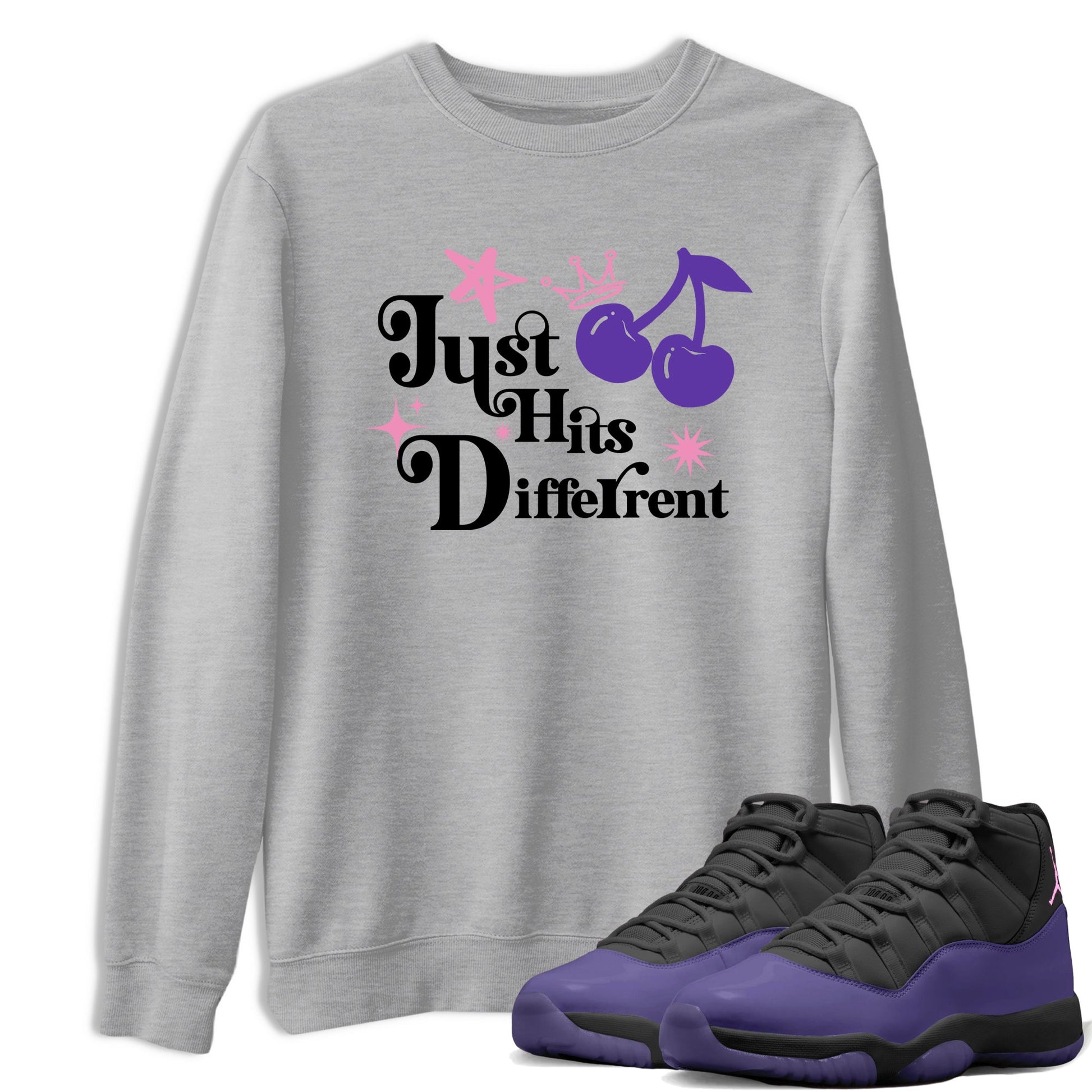 Sneaker match tees – Sneaker Tees To Match Air Jordan 11 Canyon Purple Shoes – Just Hits Different Tee Heather Grey 1
