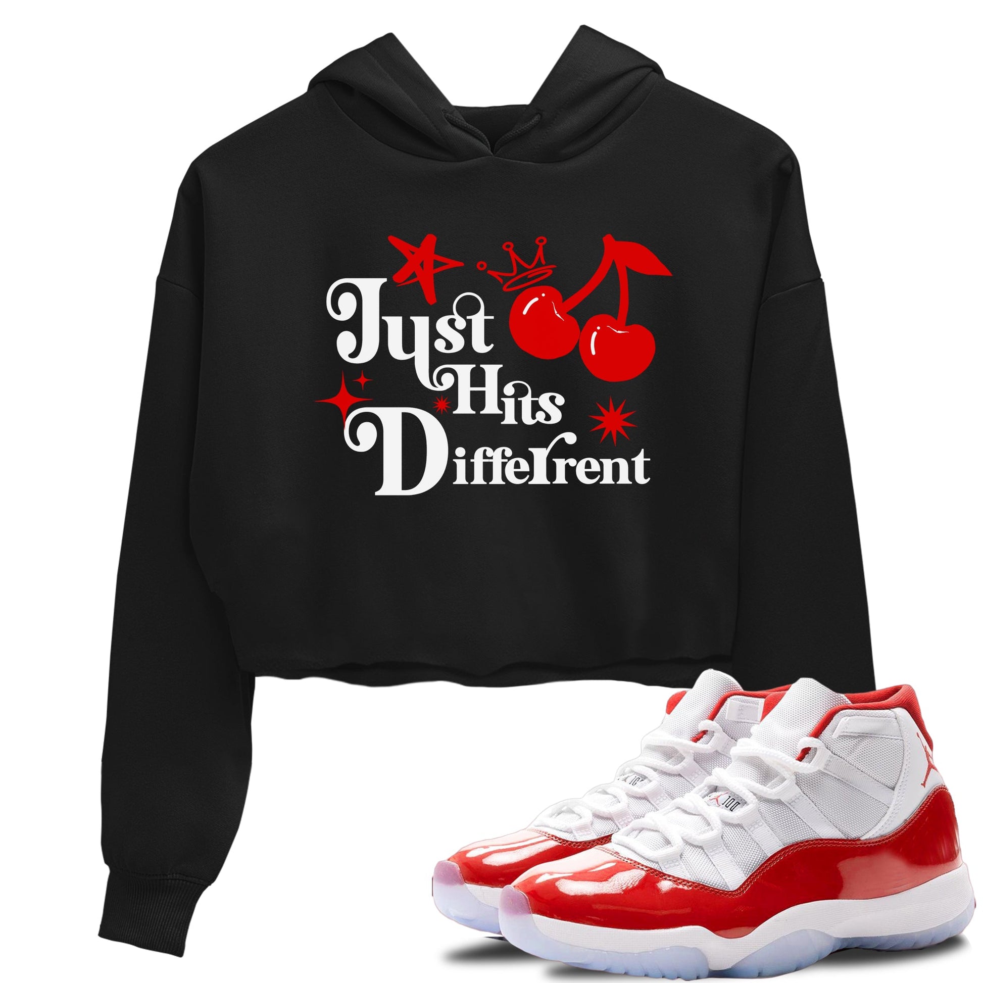 11s Cherry shirts to match jordans Just Hits Different sneaker match tees Air Jordan 11 Retro Cherry match shoes to clothes SNRT Sneaker Tees unisex cotton Black 1 crop tee