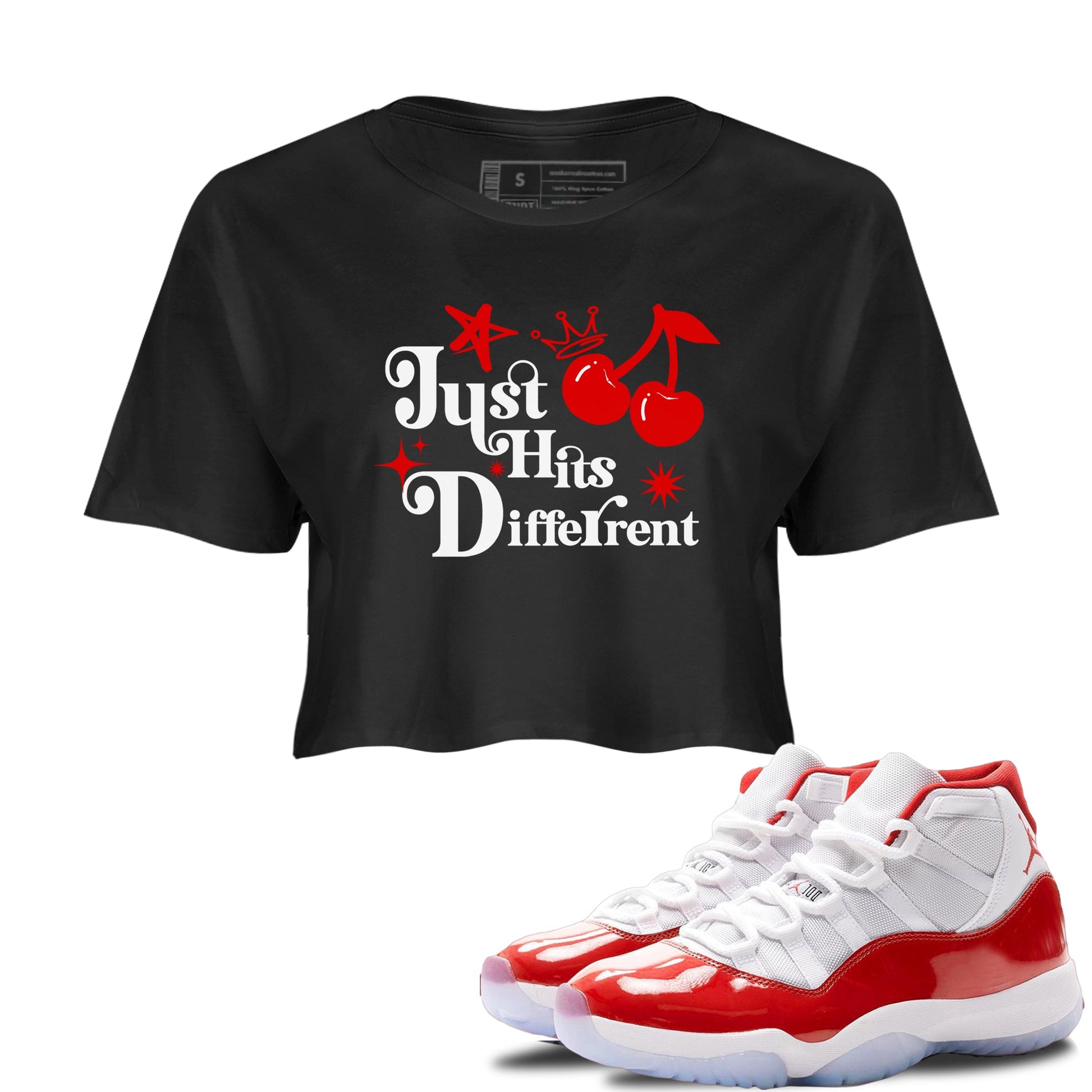 11s Cherry shirts to match jordans Just Hits Different sneaker match tees Air Jordan 11 Retro Cherry match shoes to clothes SNRT Sneaker Tees unisex cotton Black 1 crop tee