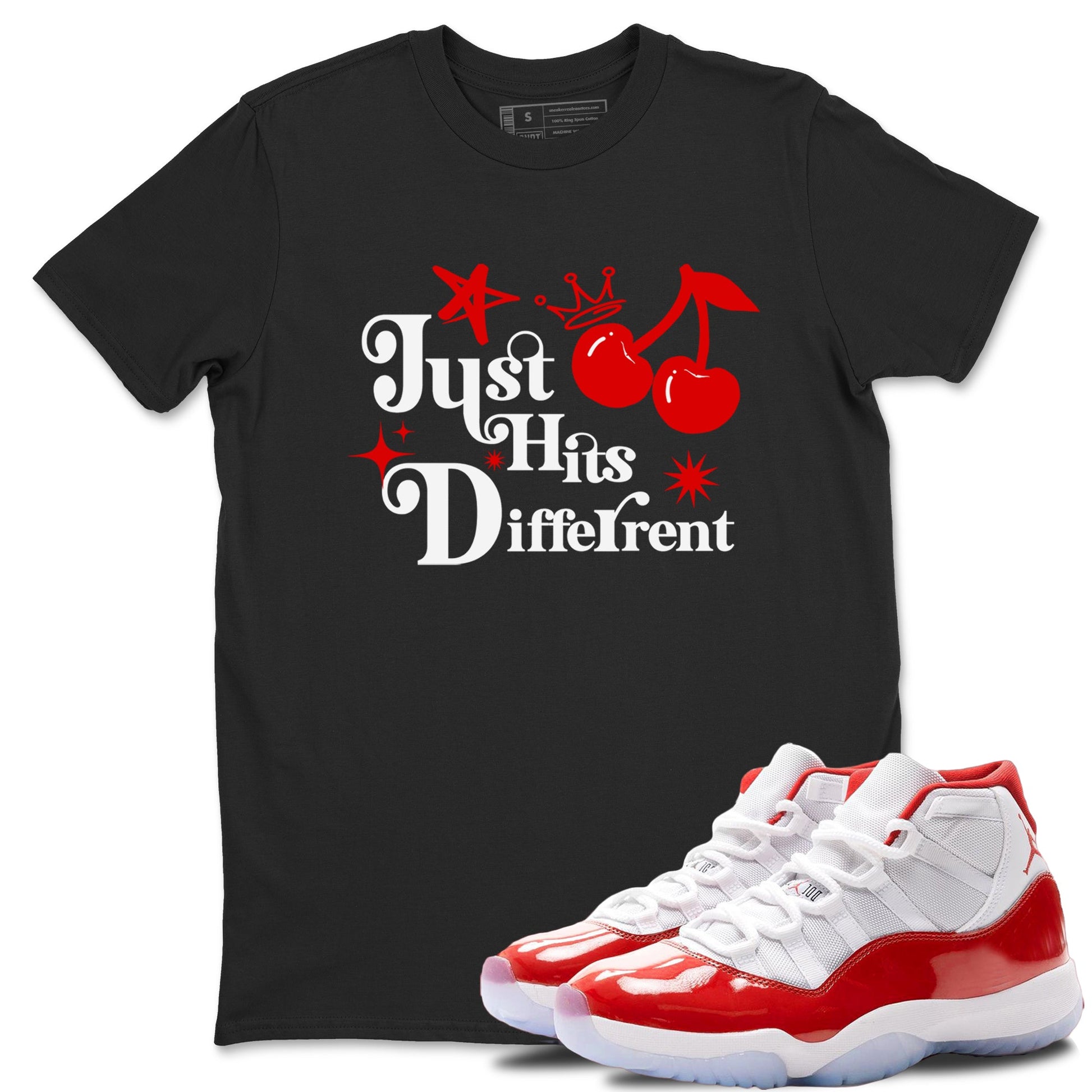 11s Cherry shirts to match jordans Just Hits Different sneaker match tees Air Jordan 11 Retro Cherry match shoes to clothes SNRT Sneaker Tees unisex cotton Black 1 shirts