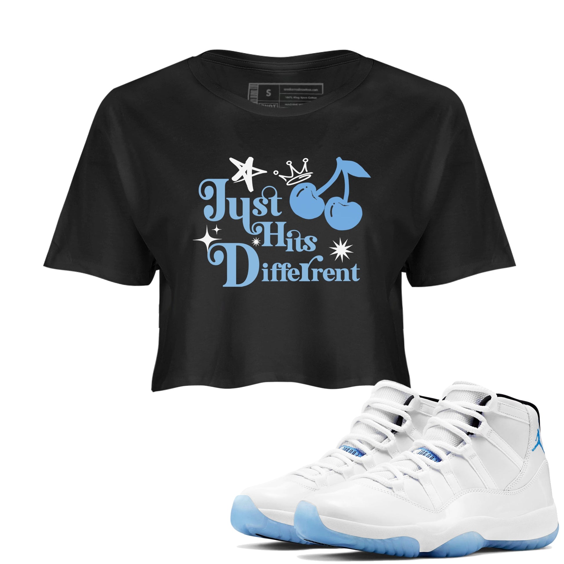 11s Legend Blue shirts to match jordans Just Hits Different best t shirts to wear with jordans AJ11 Retro Legend Blue match shoes to clothes SNRT Sneaker Tees unisex cotton Black 1 crop tee