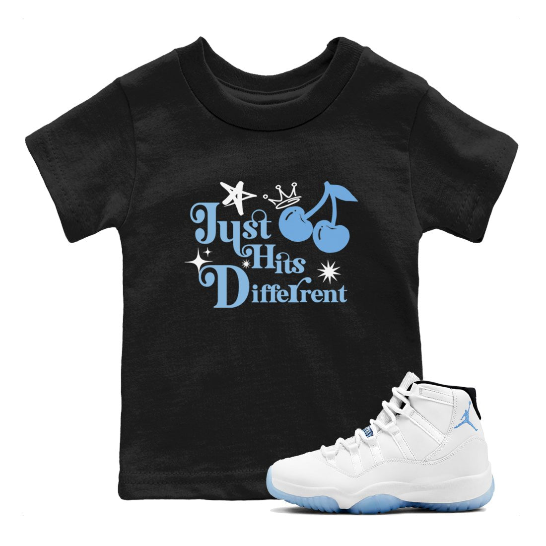 11s Legend Blue shirts to match jordans Just Hits Different best t shirts to wear with jordans AJ11 Retro Legend Blue match shoes to clothes SNRT Sneaker Tees Youth Baby Black 1 tee