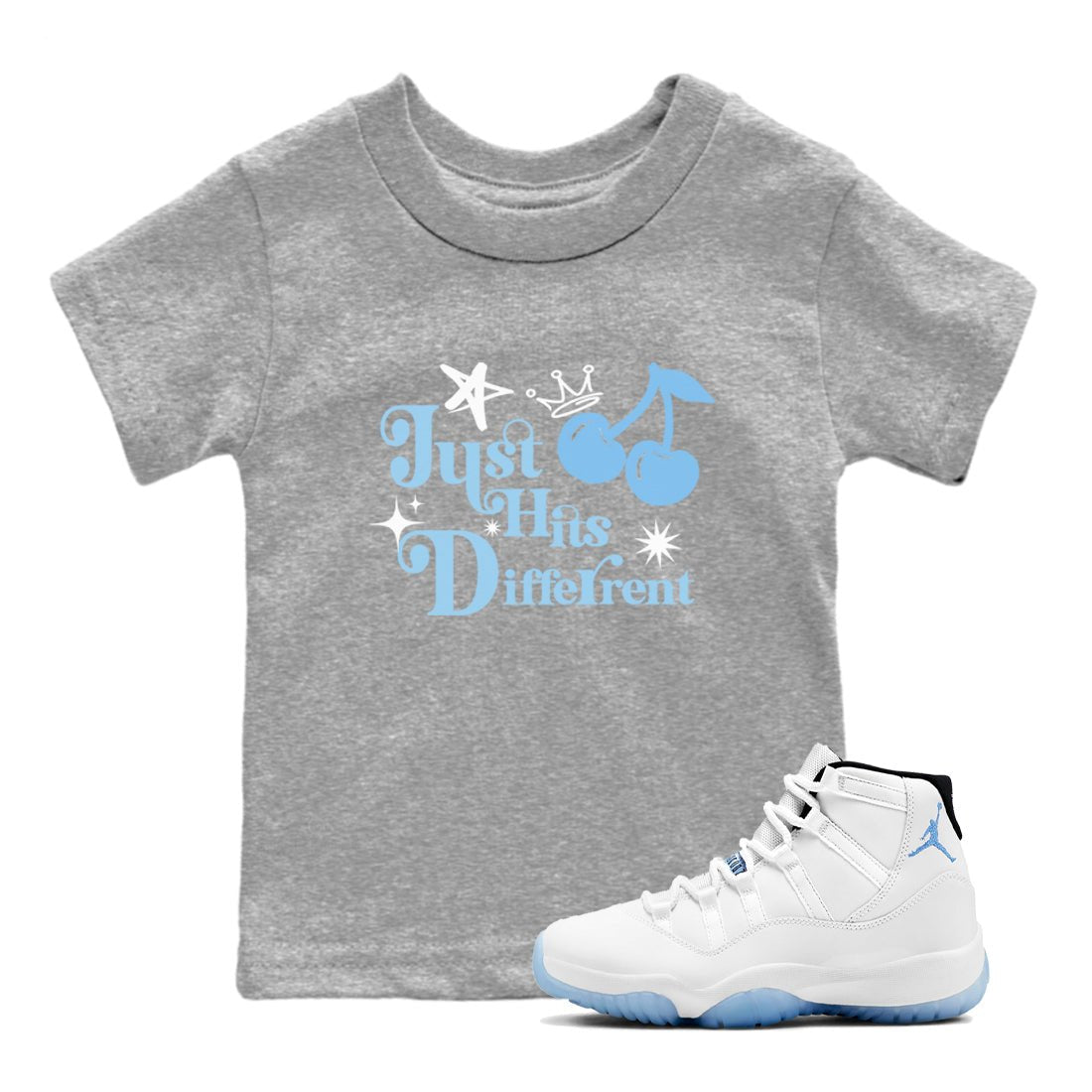 11s Legend Blue shirts to match jordans Just Hits Different best t shirts to wear with jordans AJ11 Retro Legend Blue match shoes to clothes SNRT Sneaker Tees Youth Baby Heather Grey 1 tee