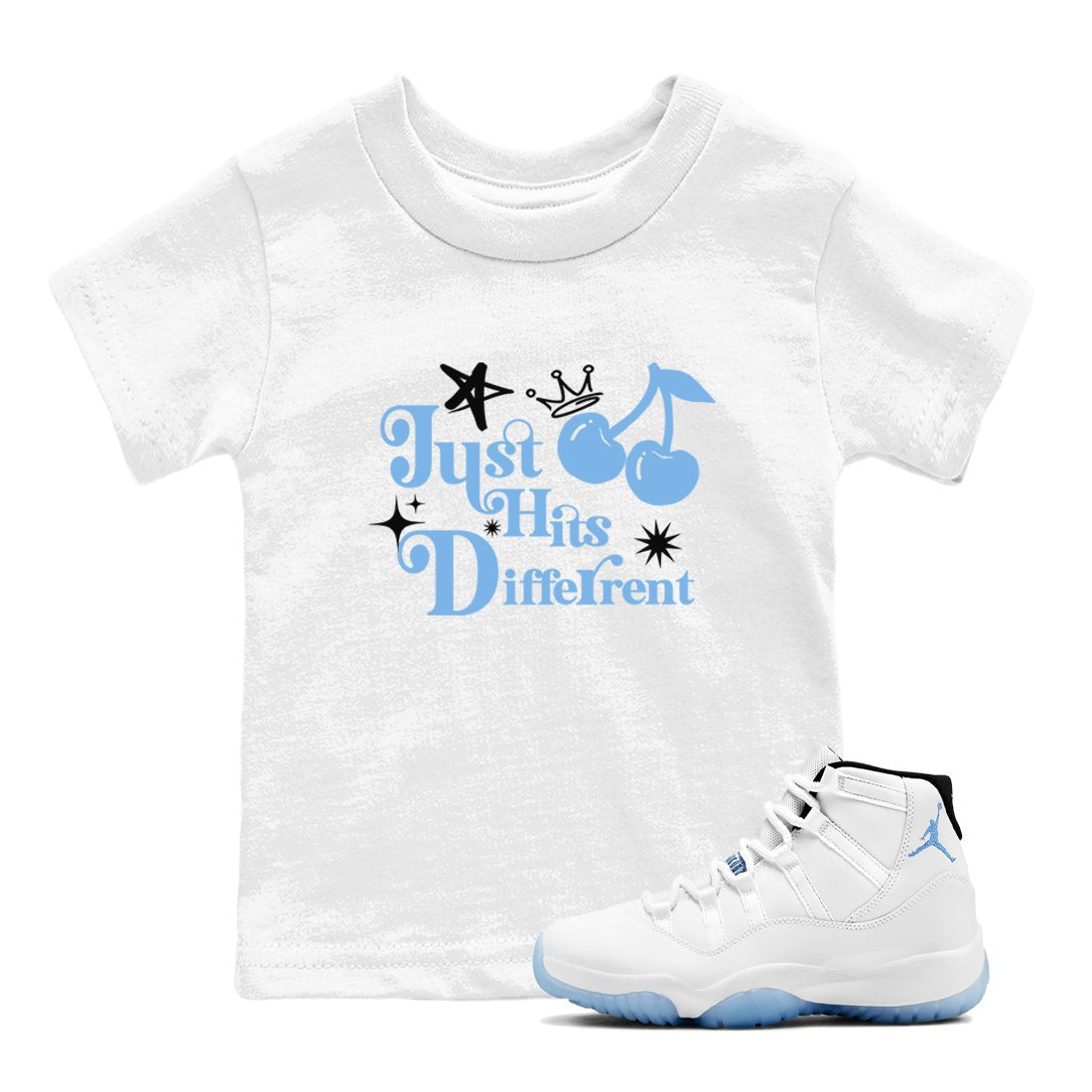 11s Legend Blue shirts to match jordans Just Hits Different best t shirts to wear with jordans AJ11 Retro Legend Blue match shoes to clothes SNRT Sneaker Tees Youth Baby White 1 tee